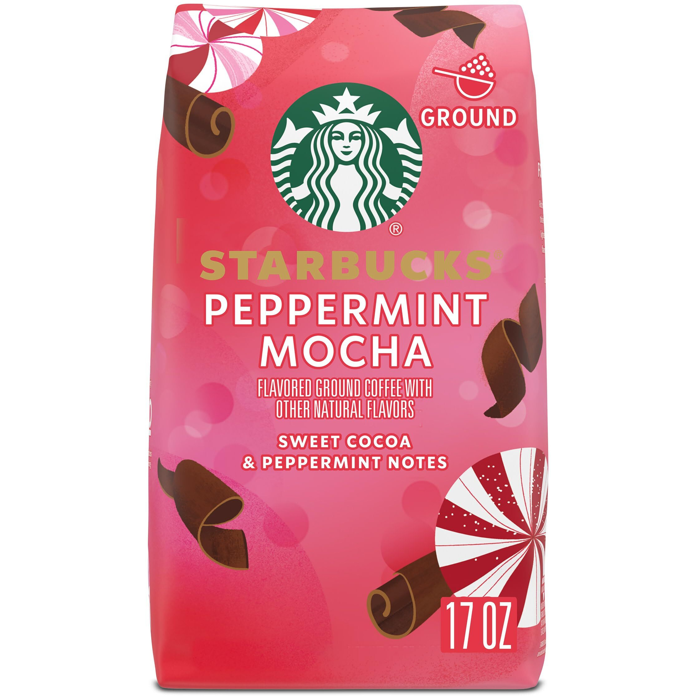 Starbucks Ground Coffee, Peppermint Mocha Naturally Flavored Coffee, 100% Arabica, Limited Edition Holiday Coffee, 1 Bag (17 Oz)