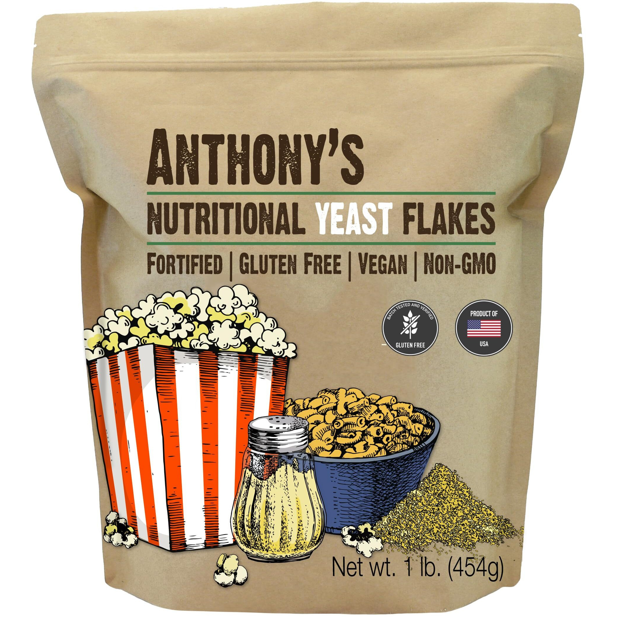 Anthony's Premium Nutritional Yeast Flakes, 1 Lb, Fortified, Gluten Free, Non Gmo, Vegan