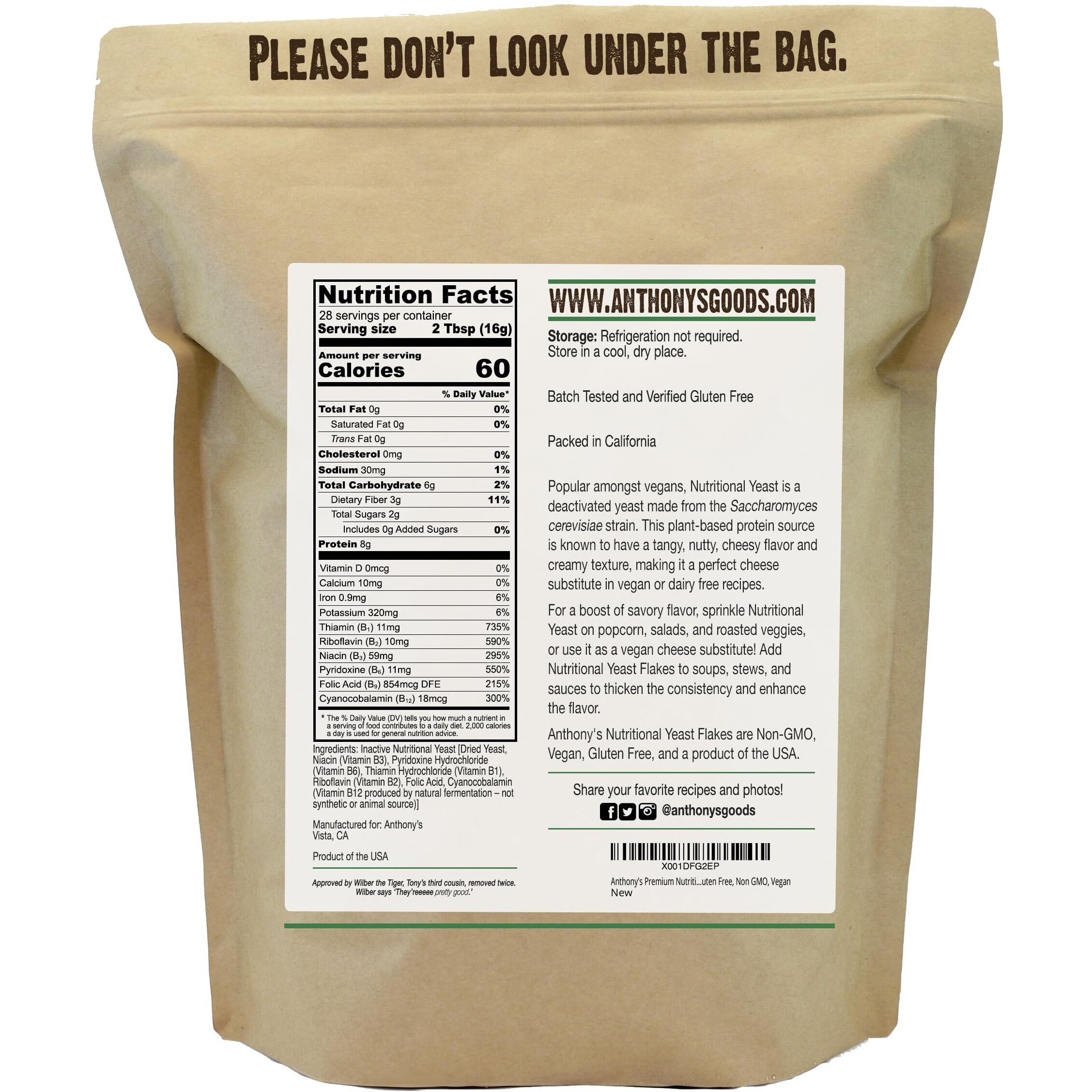 Anthony's Premium Nutritional Yeast Flakes, 1 Lb, Fortified, Gluten Free, Non Gmo, Vegan