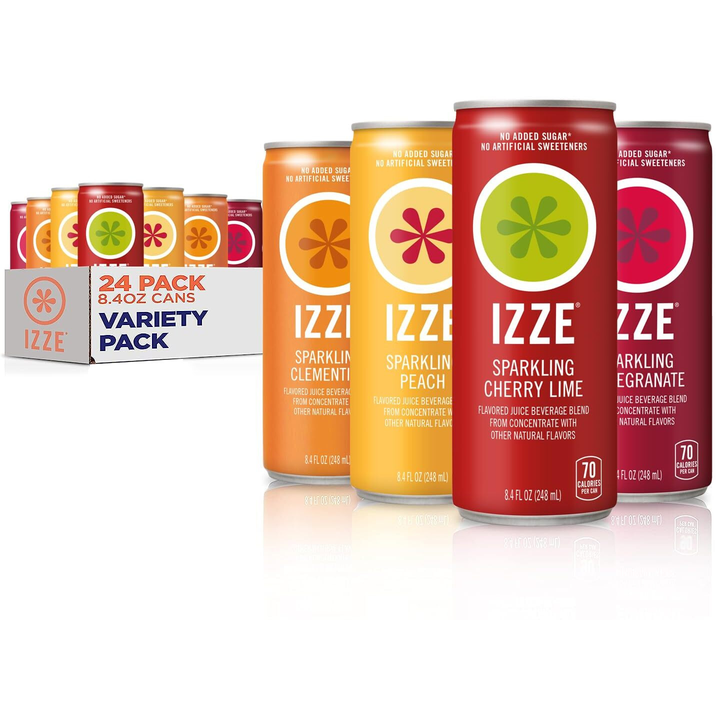 Izze Sparkling Juice Beverage Blend, Sunset Variety Pack, Clementine, Peach, Cherry Lime, Pomegranate, No Sugar Added, 8.4 Fl Oz, 24 Cans