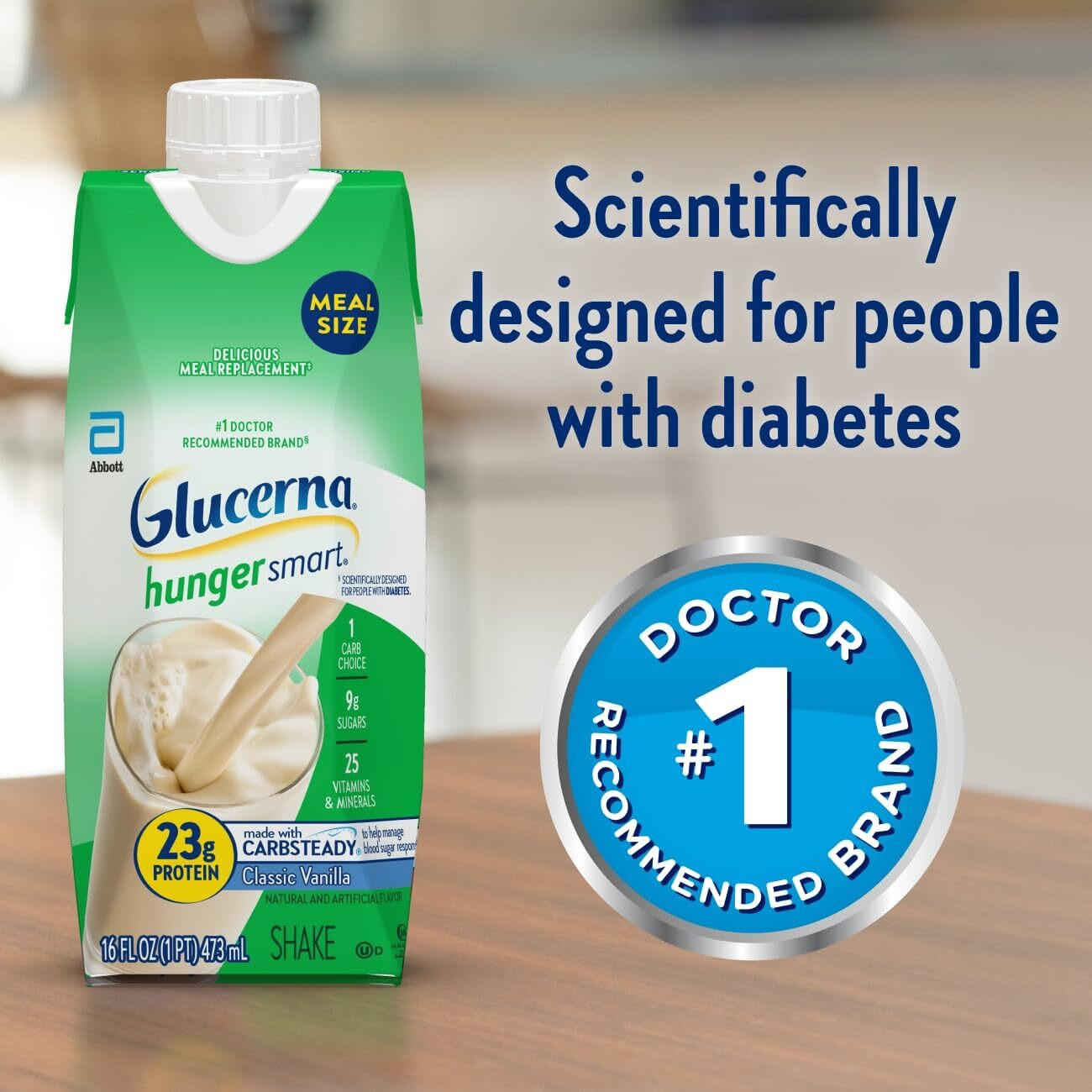 Glucerna Hunger Smart Meal Size Shake, Diabetic Drink To Support Blood Sugar Management, 23G Protein, 250 Calories, Classic Vanilla, 16-Fl-Oz Carton, 12 Count
