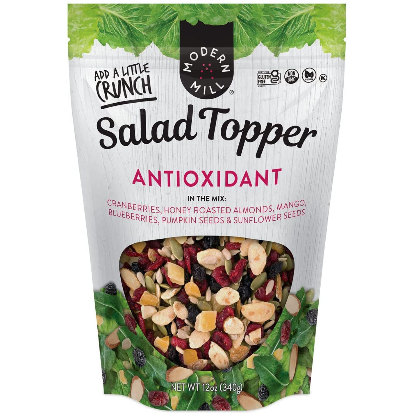 Modern Mill Antioxidant Salad Topper By Gourmet Nut - Mixed Nuts (Almonds), Dried Cranberries & Blueberries, Sunflower Seeds & Pumpkin Seeds - Gluten Free, Low Sodium, Kosher, Plant Protein, 12Oz. Bag