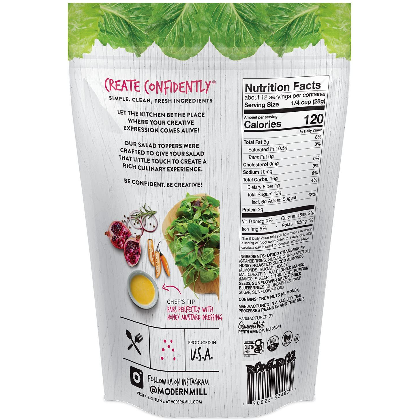Modern Mill Antioxidant Salad Topper By Gourmet Nut - Mixed Nuts (Almonds), Dried Cranberries & Blueberries, Sunflower Seeds & Pumpkin Seeds - Gluten Free, Low Sodium, Kosher, Plant Protein, 12Oz. Bag
