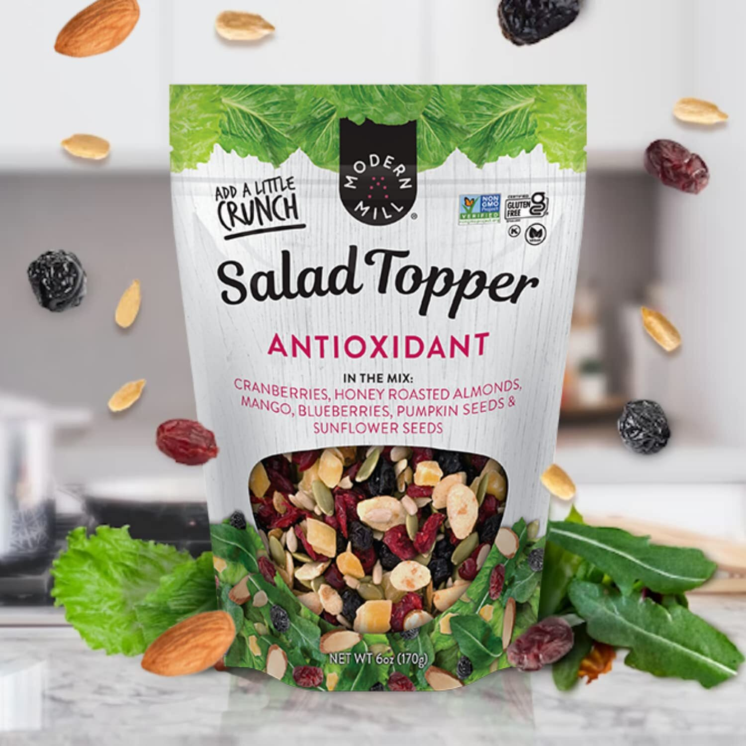 Modern Mill Antioxidant Salad Topper By Gourmet Nut - Mixed Nuts (Almonds), Dried Cranberries & Blueberries, Sunflower Seeds & Pumpkin Seeds - Gluten Free, Low Sodium, Kosher, Plant Protein, 12Oz. Bag