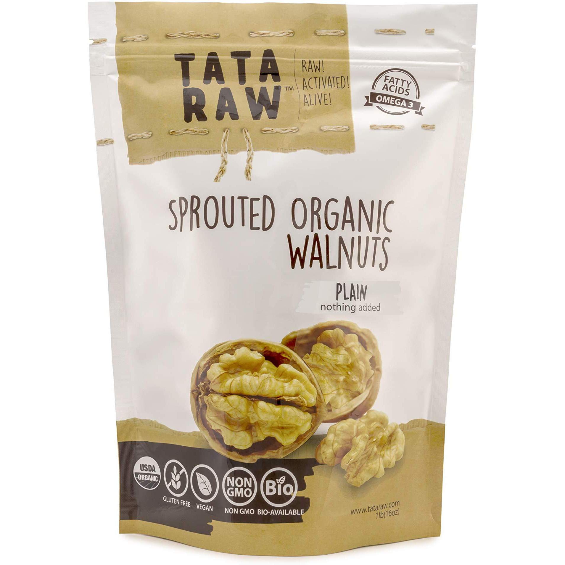 Tata Raw - Sprouted Organic Walnuts - Plain. Nothing Added -1 Lb. Soaked & Air Dried Super Quality. Raw. Alive. Activated. Fresh