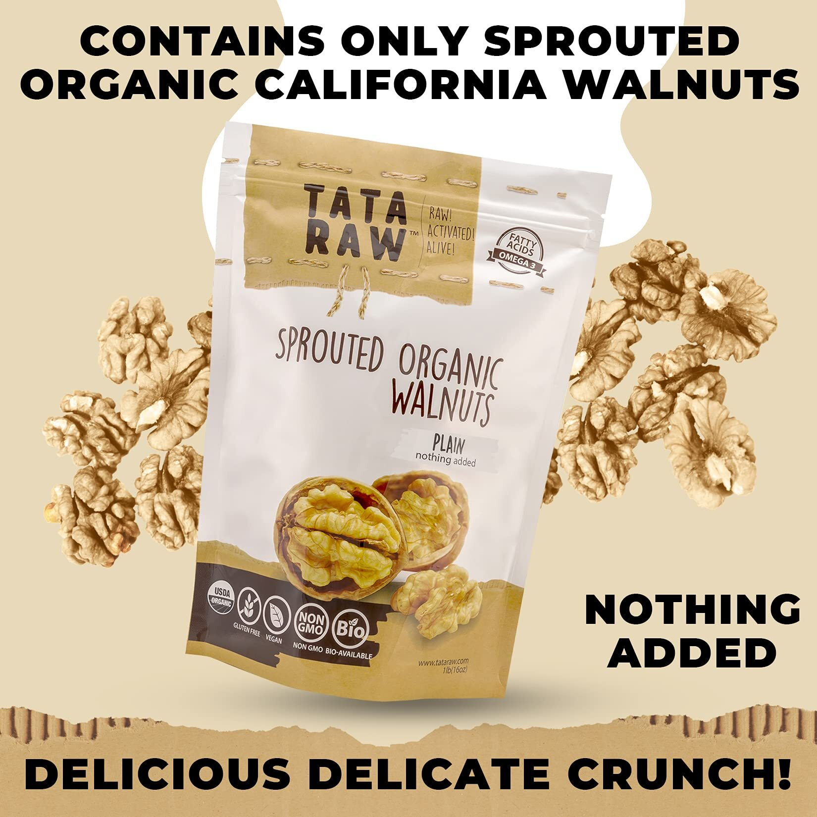 Tata Raw - Sprouted Organic Walnuts - Plain. Nothing Added -1 Lb. Soaked & Air Dried Super Quality. Raw. Alive. Activated. Fresh