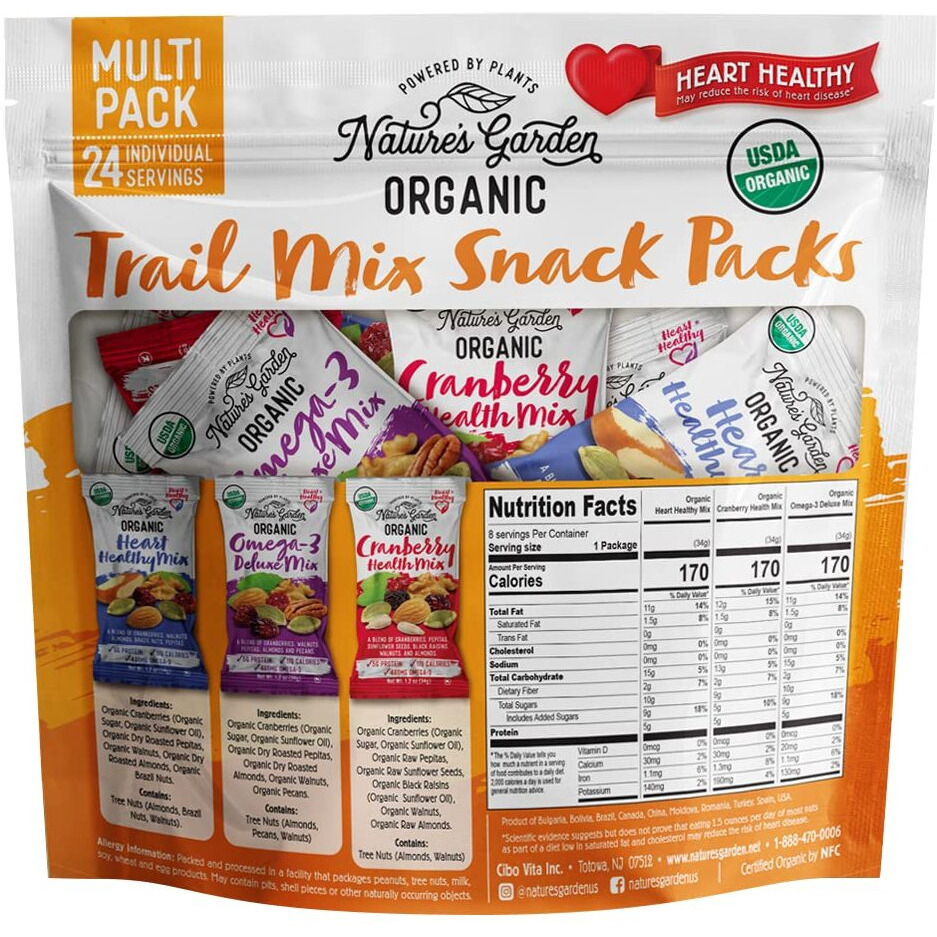 Nature's Garden Organic Trail Mix Snack Packs, Multi Pack 1.2 Oz - Pack Of 24 (Total 28.8 Oz)
