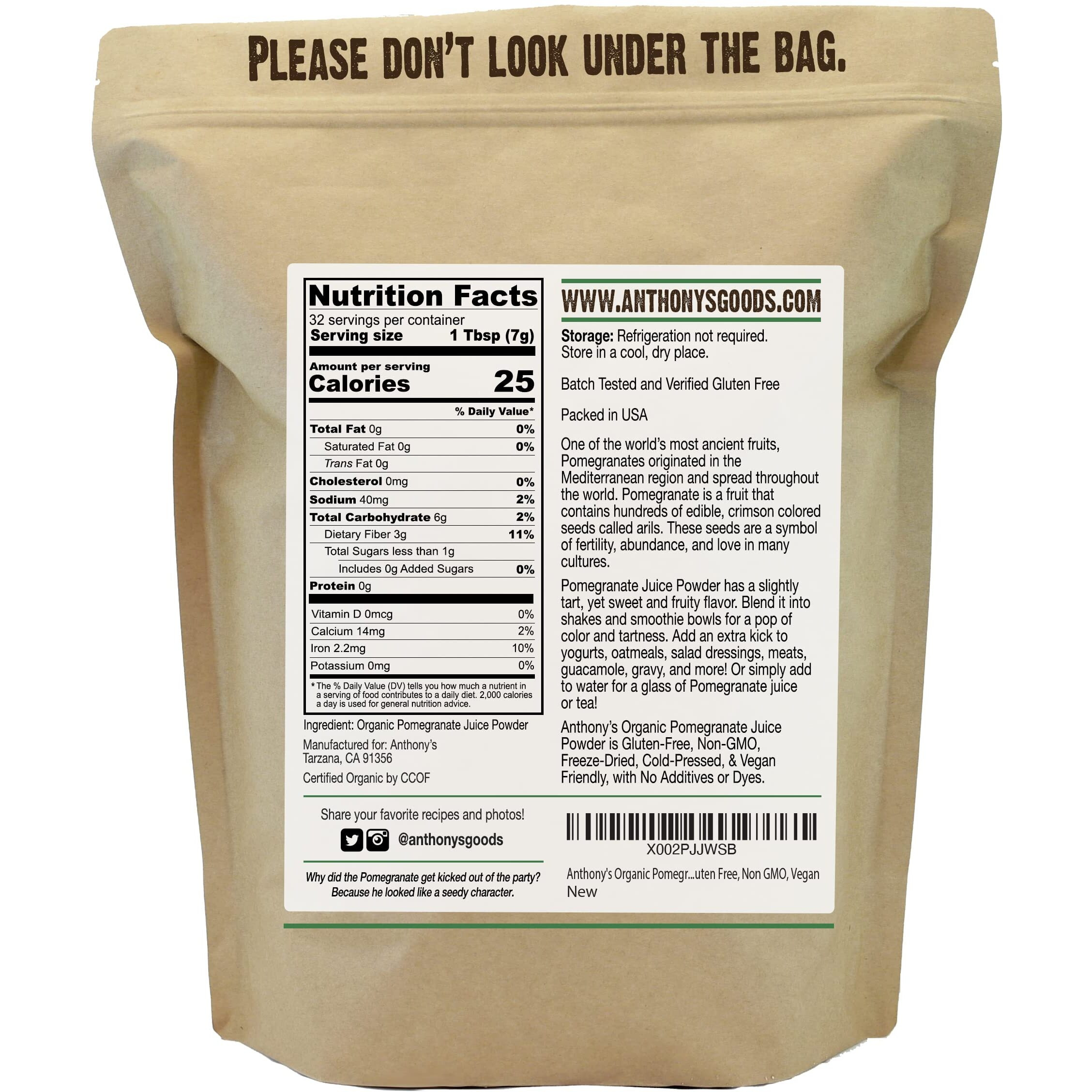 Anthony's Organic Pomegranate Juice Powder, 8 Oz, Gluten Free, Non Gmo, Vegan