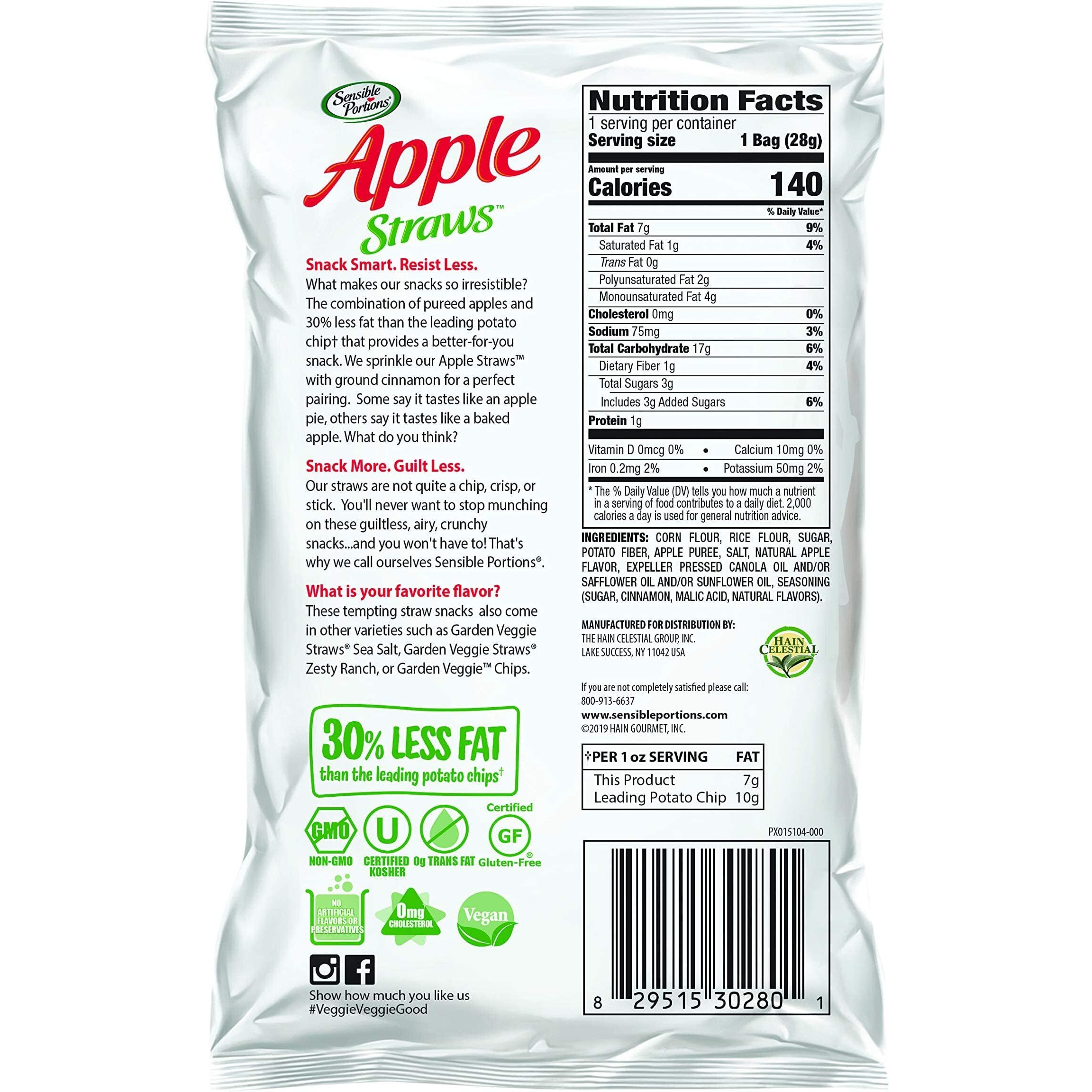 Sensible Portions Garden Veggie Snacks - Veggie Straws, Snack Size, Apple Cinnamon, 1 Oz (Pack Of 24)