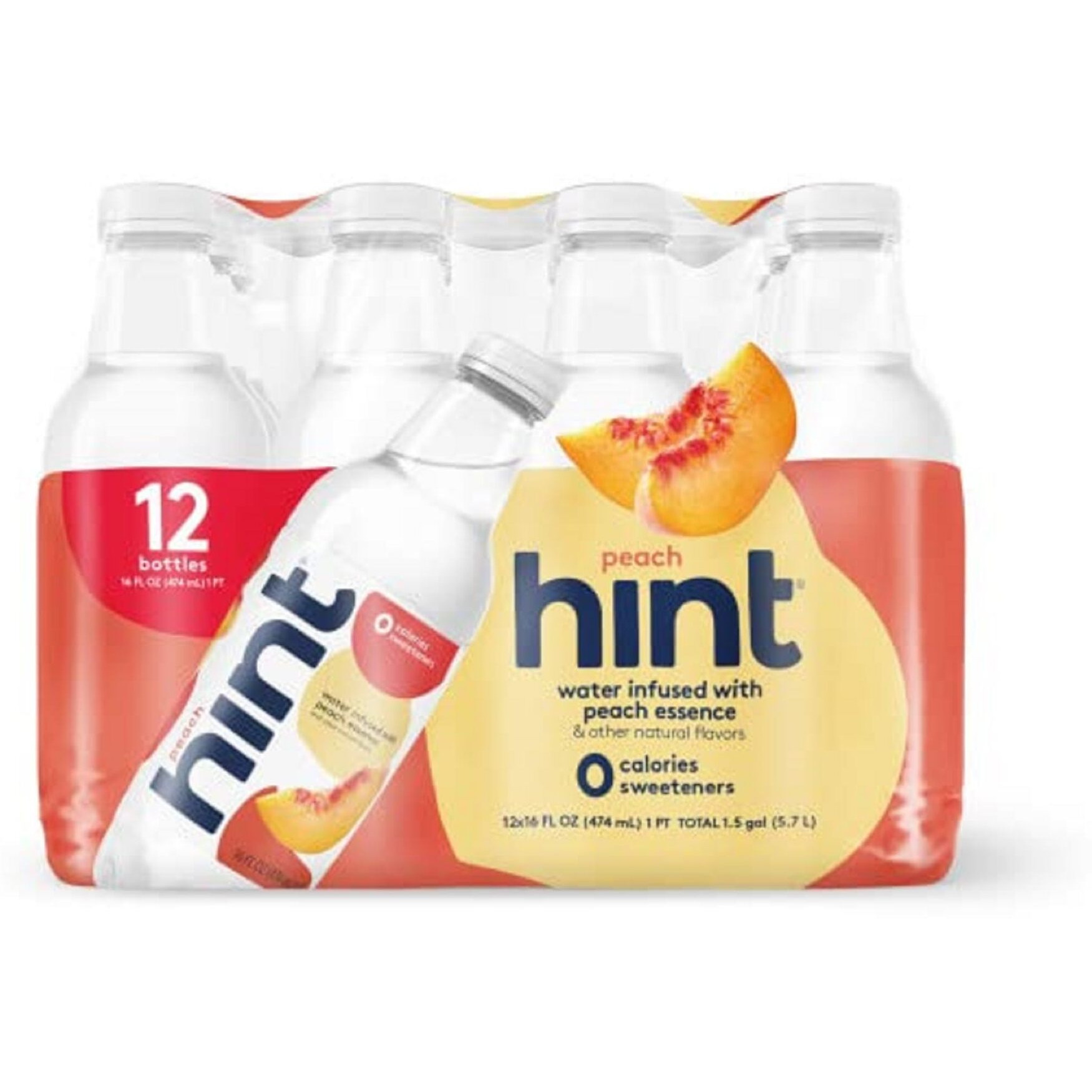 Hint Water Peach, Pure Water Infused With Peach, Zero Sugar, Zero Calories, Zero Sweeteners, Zero Preservatives, Zero Artificial Flavors,16 Fl Oz (Pack Of 12)