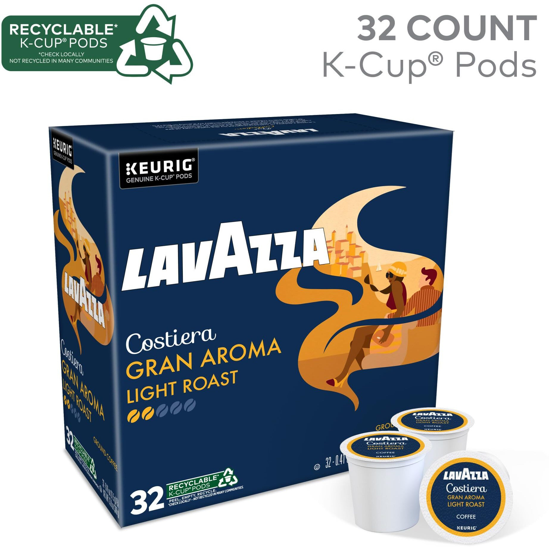 Lavazza Costiera Gran Aroma, Single-Serve Keurig K-Cup Pods, Light Roast Coffee, 32-Count Box