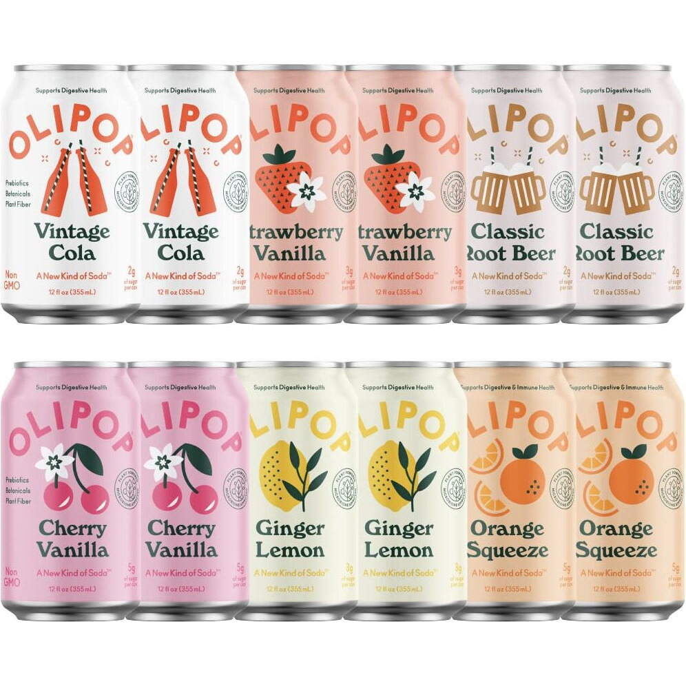 Olipop - The Sampler, 6-Flavor Soda Variety Pack, Healthy Soda, Prebiotic Soft Drinks, Supports Digestive Health & Gut Health, High Fiber, Low Calorie, Low Sugar, Vegan (12 Oz, 12-Pack)