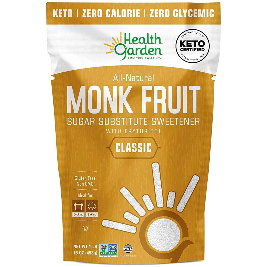 Health Garden Monk Fruit Sweetener, Classic - Non Gmo - Gluten Free - Sugar Substitute - Kosher - Keto Friendly (1 Lb)