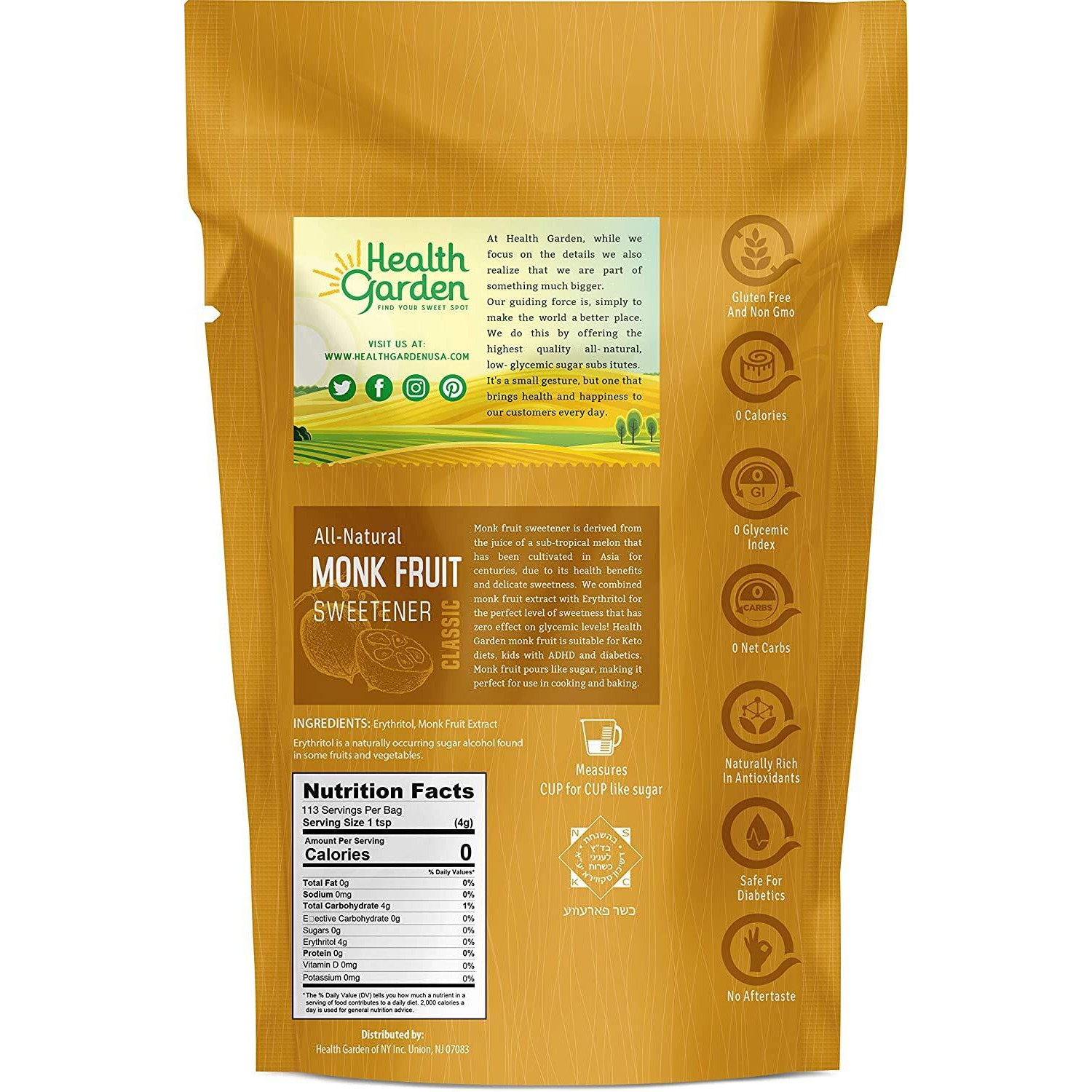 Health Garden Monk Fruit Sweetener, Classic - Non Gmo - Gluten Free - Sugar Substitute - Kosher - Keto Friendly (1 Lb)