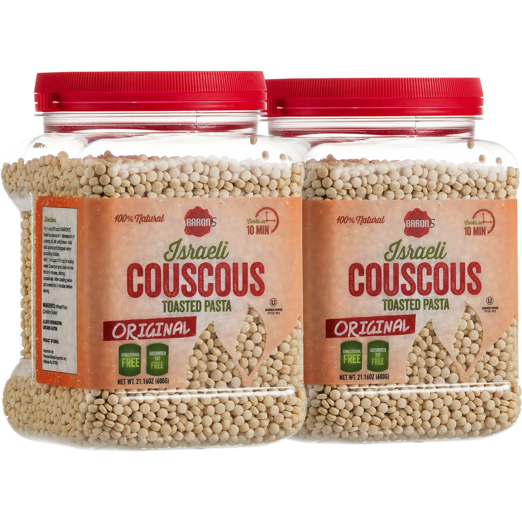 Barons Original Israeli Couscous Toasted Pasta | 100% Natural Pearled Noodles For Salads, Soups & Side Dishes | Cooks In 10 Minutes | Kosher| 2 Pack 21.16Oz Jars