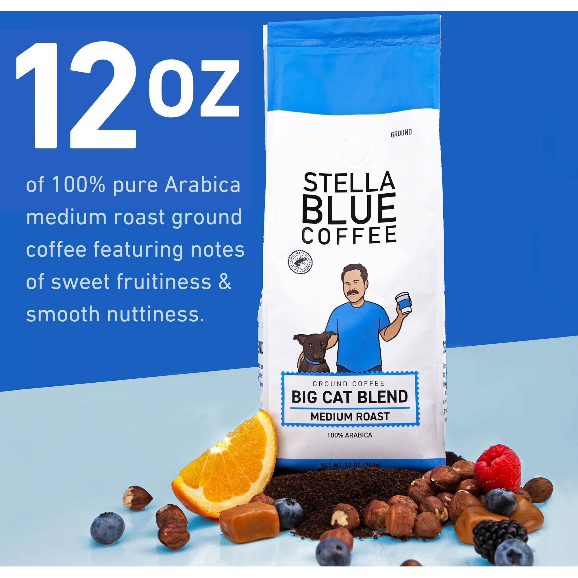 Stella Blue Fresh Ground Coffee | Big Cat Blend | 100% Arabica Medium Roast | Smooth And Balanced Flavor | Central American Ethically Sourced Beans | Supports Paws Chicago | 12 Oz Resealable Bag