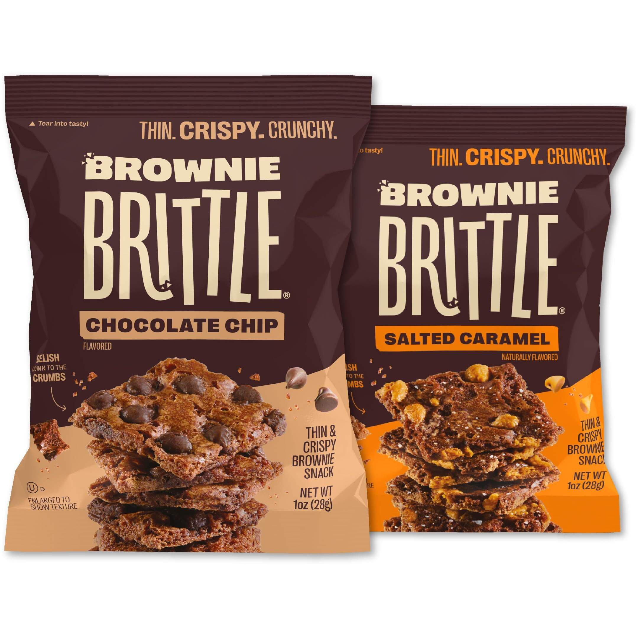 Brownie Brittle - Chocolate Chip & Salted Caramel Thin And Crispy Sweet Snacks (Pack Of 20, 1 Oz), Rich Gourmet Brownie Bites Dessert