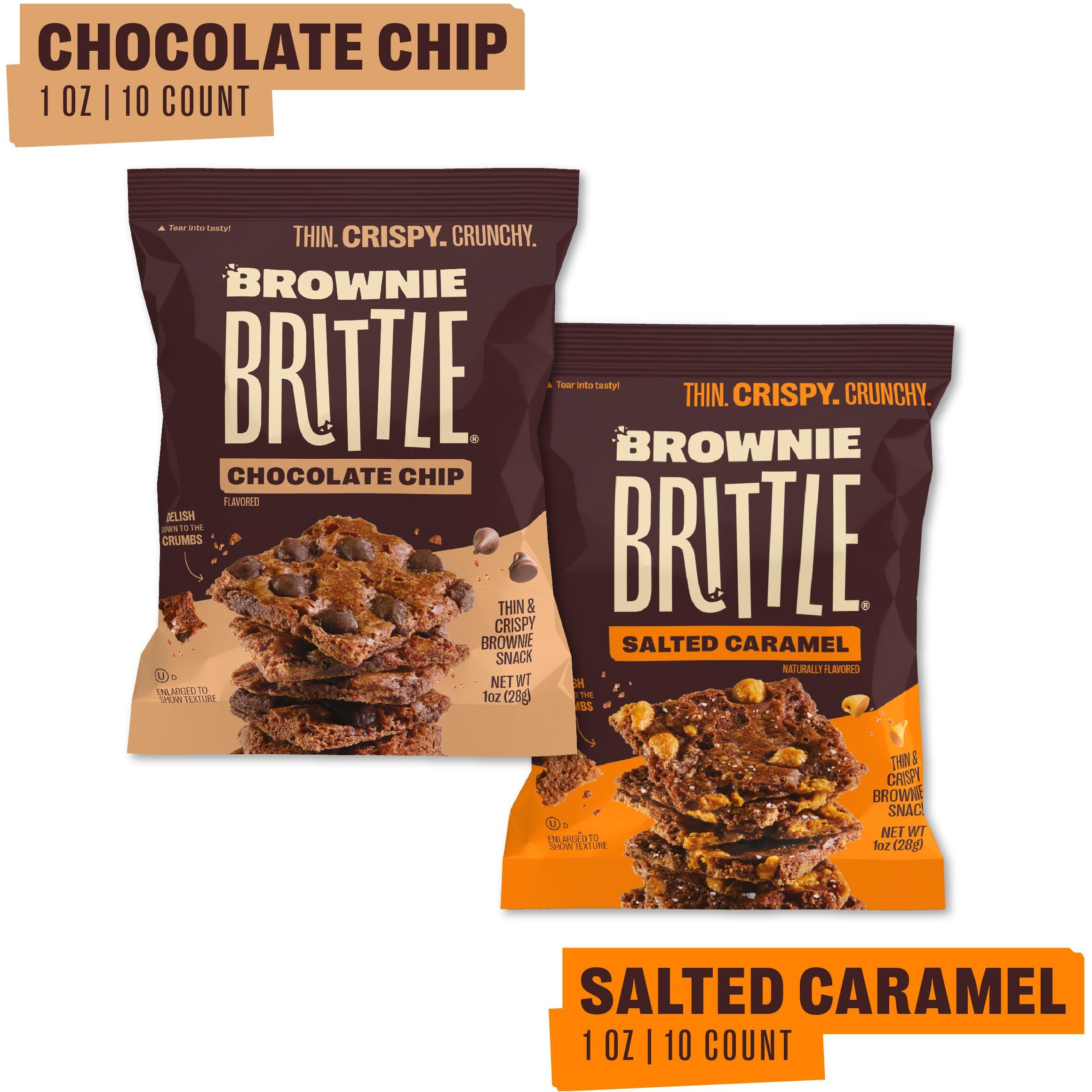 Brownie Brittle - Chocolate Chip & Salted Caramel Thin And Crispy Sweet Snacks (Pack Of 20, 1 Oz), Rich Gourmet Brownie Bites Dessert