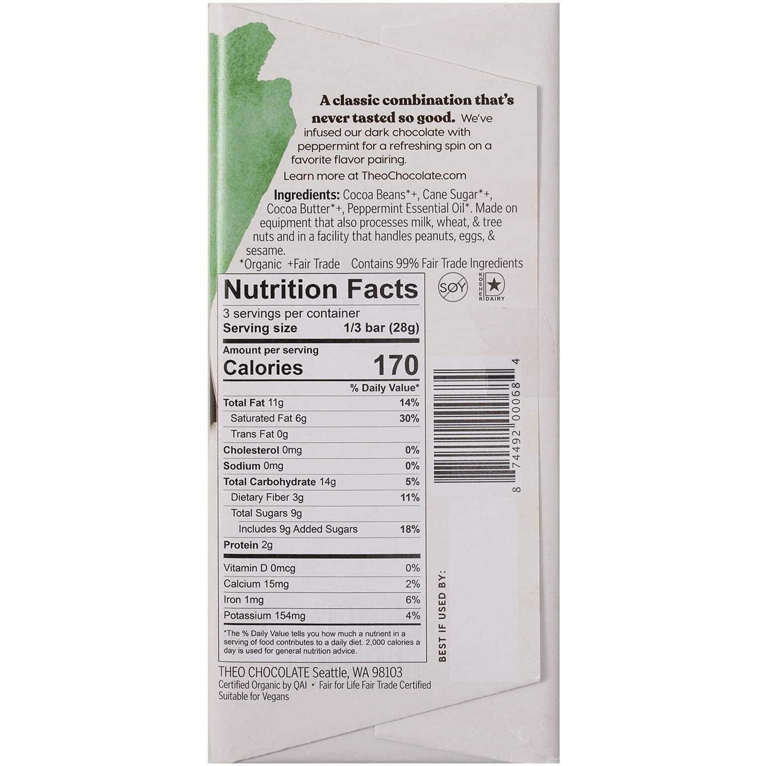 Theo Mint Organic Dark Chocolate Bar, 70% Cacao, 1 Bar | Vegan, Fair Trade