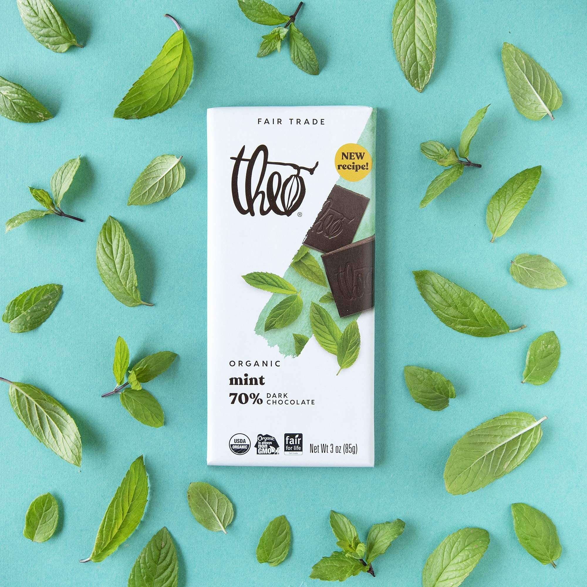 Theo Mint Organic Dark Chocolate Bar, 70% Cacao, 1 Bar | Vegan, Fair Trade
