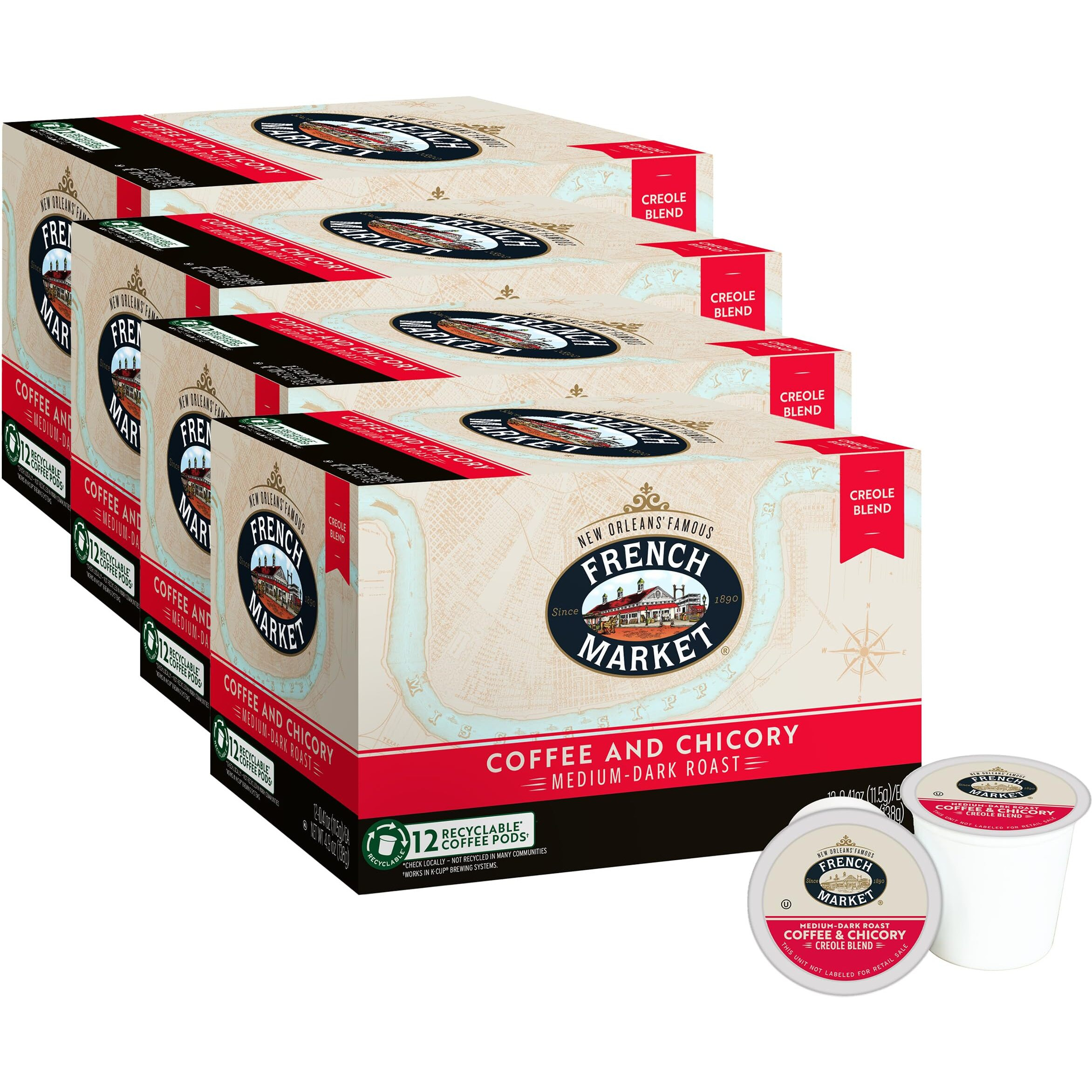 French Market Coffee & Chicory Medium-Dark Roast Single Serve Coffee Pods, 12Ct Box (Pack Of 4)
