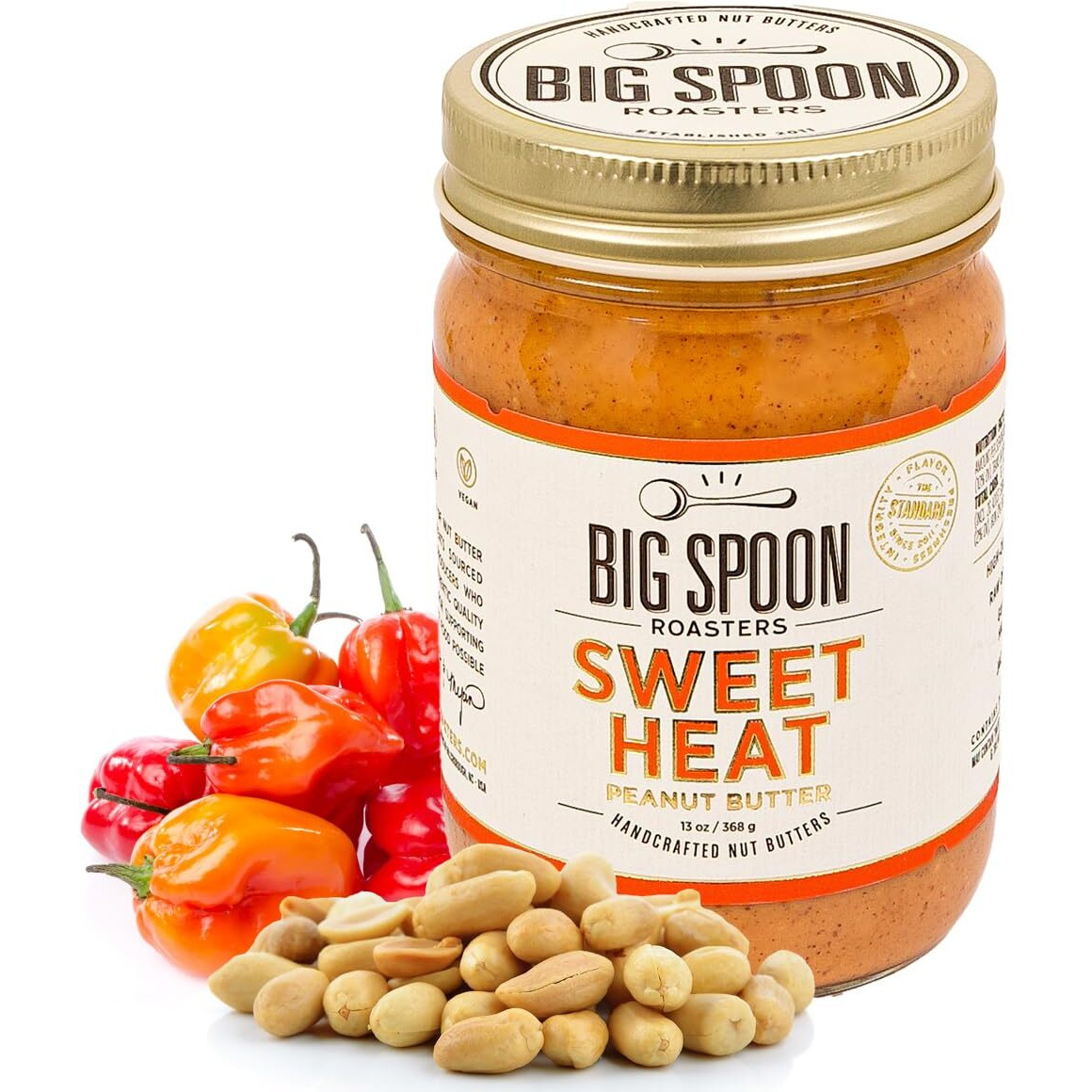 Big Spoon Roasters Sweet Heat Peanut Butter W/Habanero Chiles & Sea Salt - Low Sugar Peanut Butter - Sweet & Spicy, Creamy Peanut Butter - Keto, Palm Free, Vegan Habanero Peanut Butter - 13 Ounces