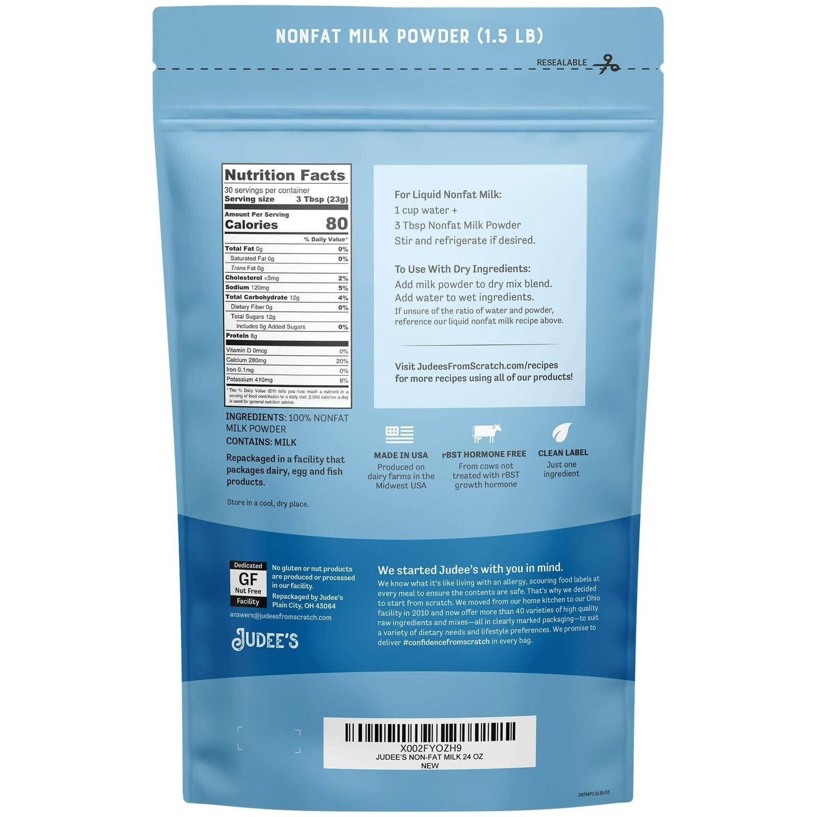 Judee's Gluten Free Non Fat Dry Powdered Milk 1.5 Lb (24 Oz) - Non-Gmo, Keto-Friendly, Hormones Free, Gluten & Nut Free - Rich Source Of Protein & Calcium - Made In Usa