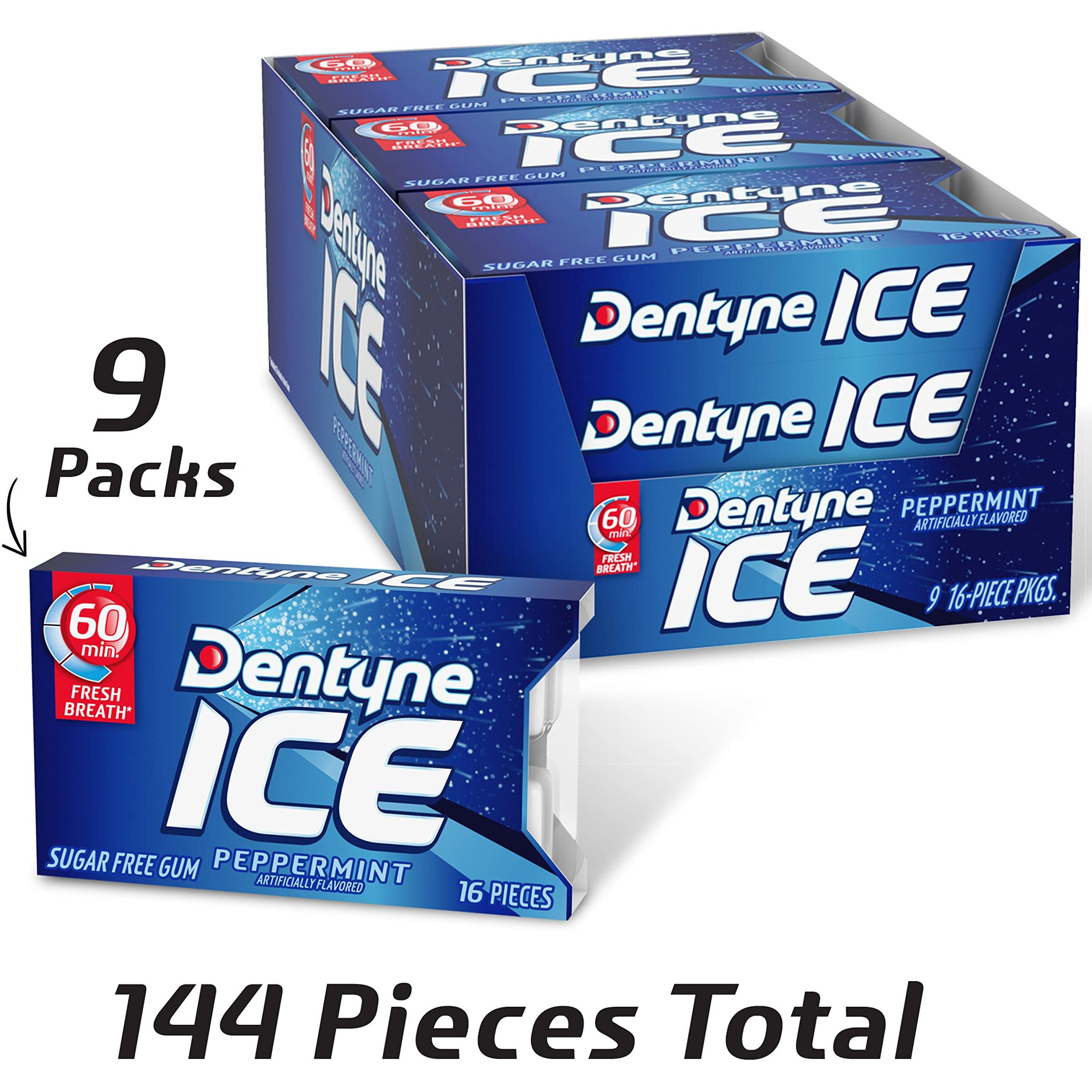 Dentyne Ice Peppermint Sugar Free Gum, 16 Count, Pack Of 9