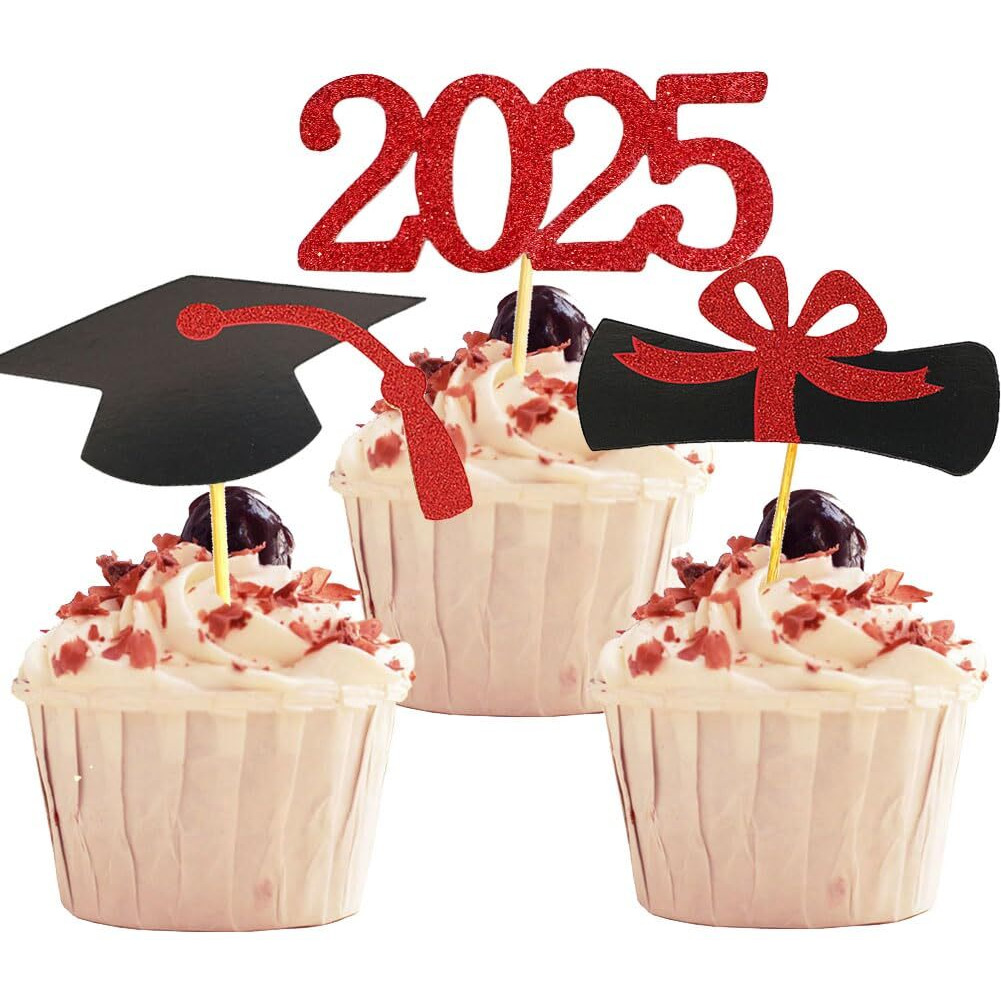 Yubobo 2025 Graduation Cupcake Toppers, 48 Pcs Food/Appetizer Picks For Graduation Party Mini Cake Decorations, Diploma, 2025, Grad Cap Set 48 Pieces (03 Red)