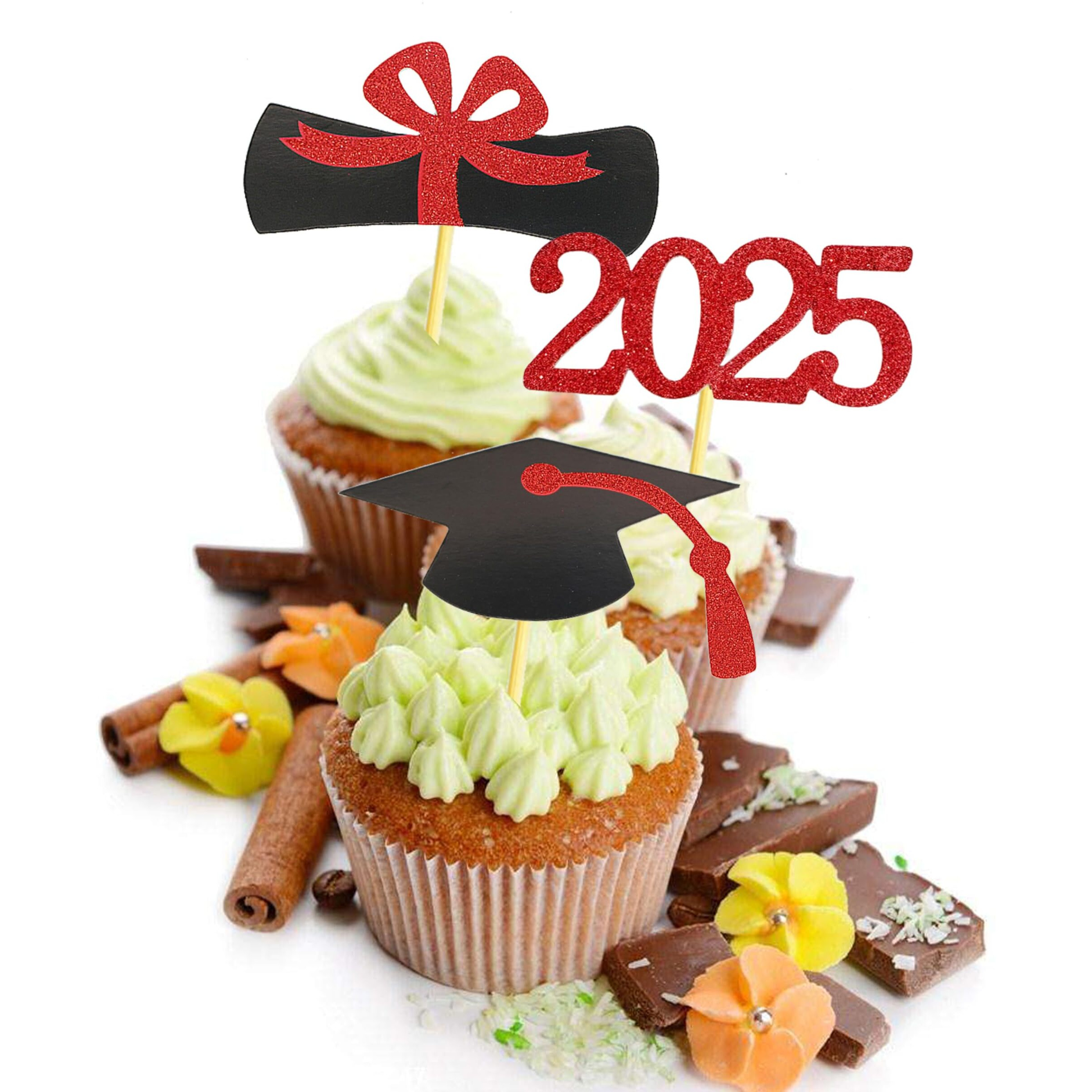 Yubobo 2025 Graduation Cupcake Toppers, 48 Pcs Food/Appetizer Picks For Graduation Party Mini Cake Decorations, Diploma, 2025, Grad Cap Set 48 Pieces (03 Red)