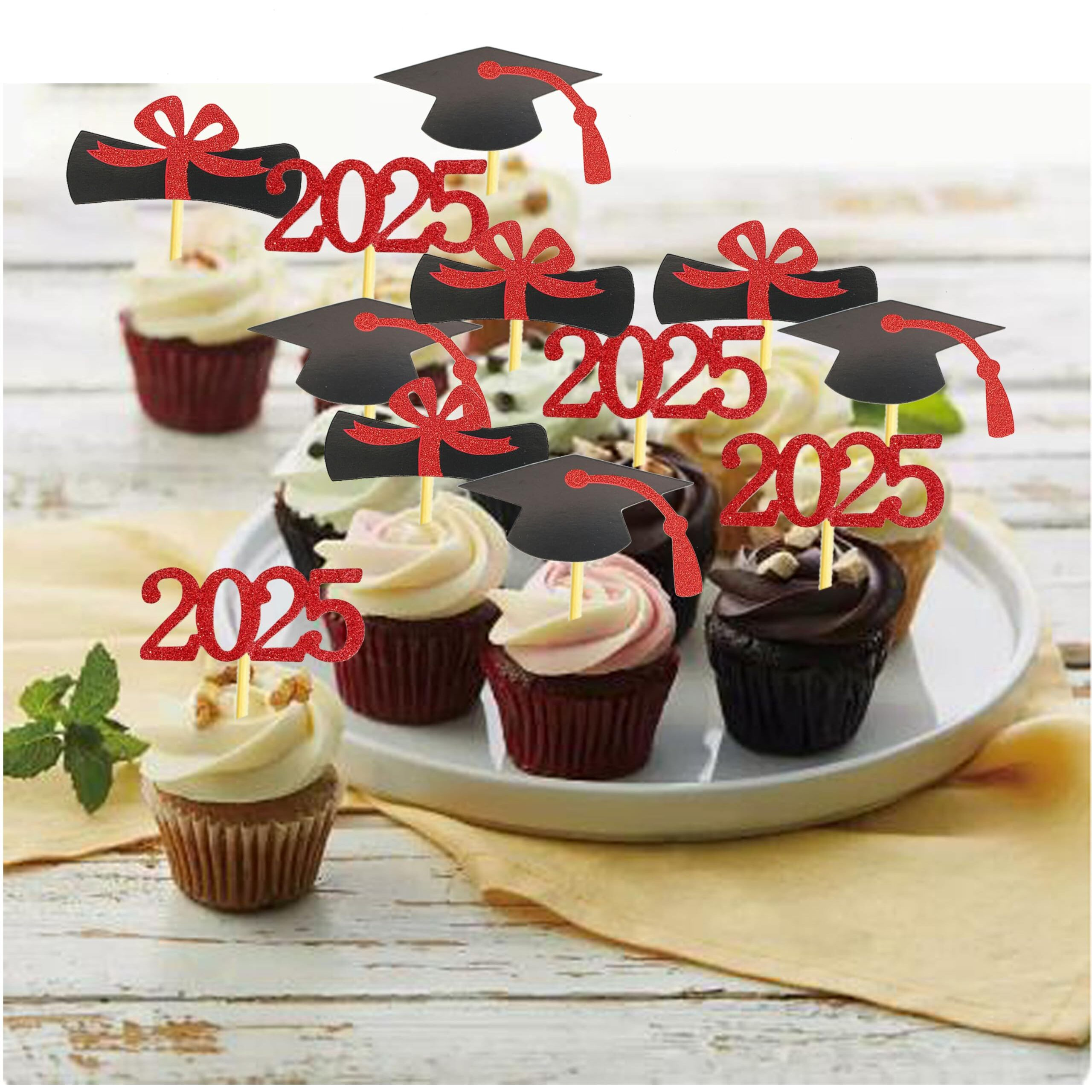 Yubobo 2025 Graduation Cupcake Toppers, 48 Pcs Food/Appetizer Picks For Graduation Party Mini Cake Decorations, Diploma, 2025, Grad Cap Set 48 Pieces (03 Red)