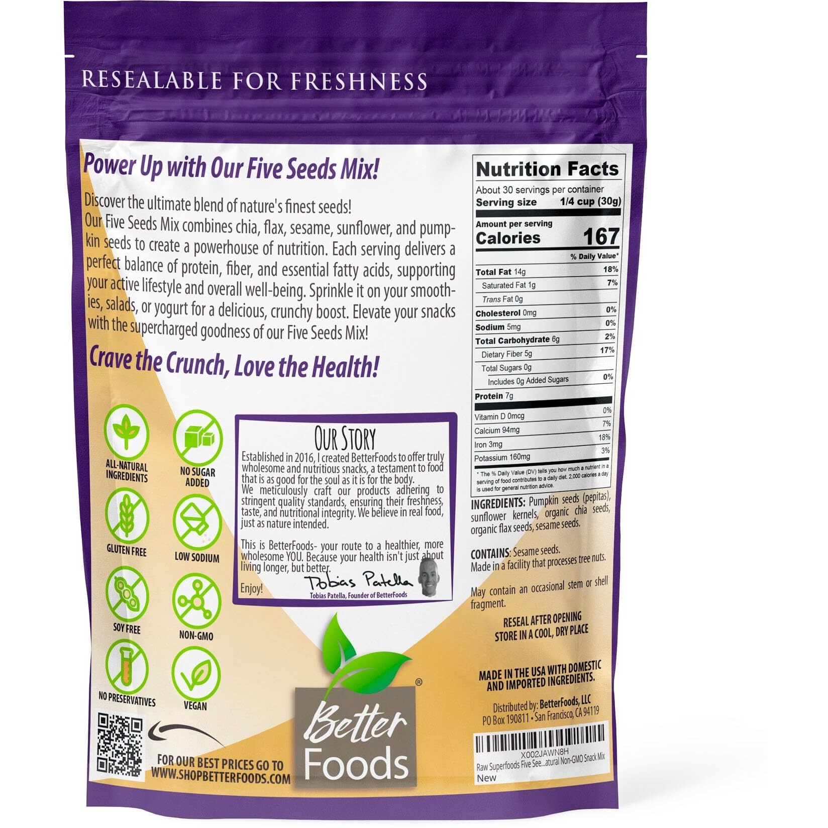 Betterfoods Raw Superfoods Five Seeds Mix | Pumpkin, Sunflower, Chia, Flax, Sesame Seeds Blend For Salads & Snacking | 7G Protein, 1G Net Carbs, High Fiber, Non-Gmo, Gluten & Soy-Free | 32Oz, 1 Pack