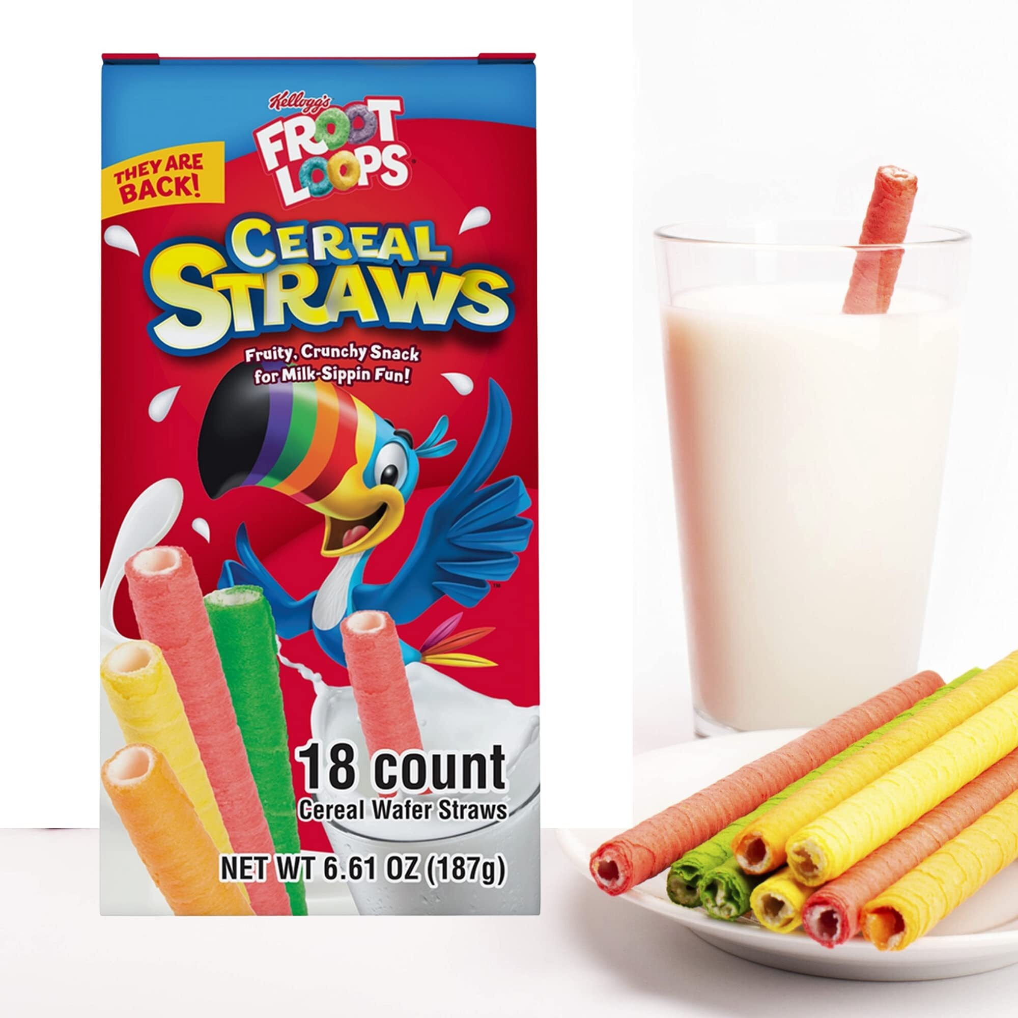 2025 Kellogg's Cereal Straws Froot Loops Edible Breakfast Straw Alternatives For Milk, 90's Childhood Nostalgic Treat For Drinking And Eating, Cereals For Kids, Pack Of 2, 36 Straws