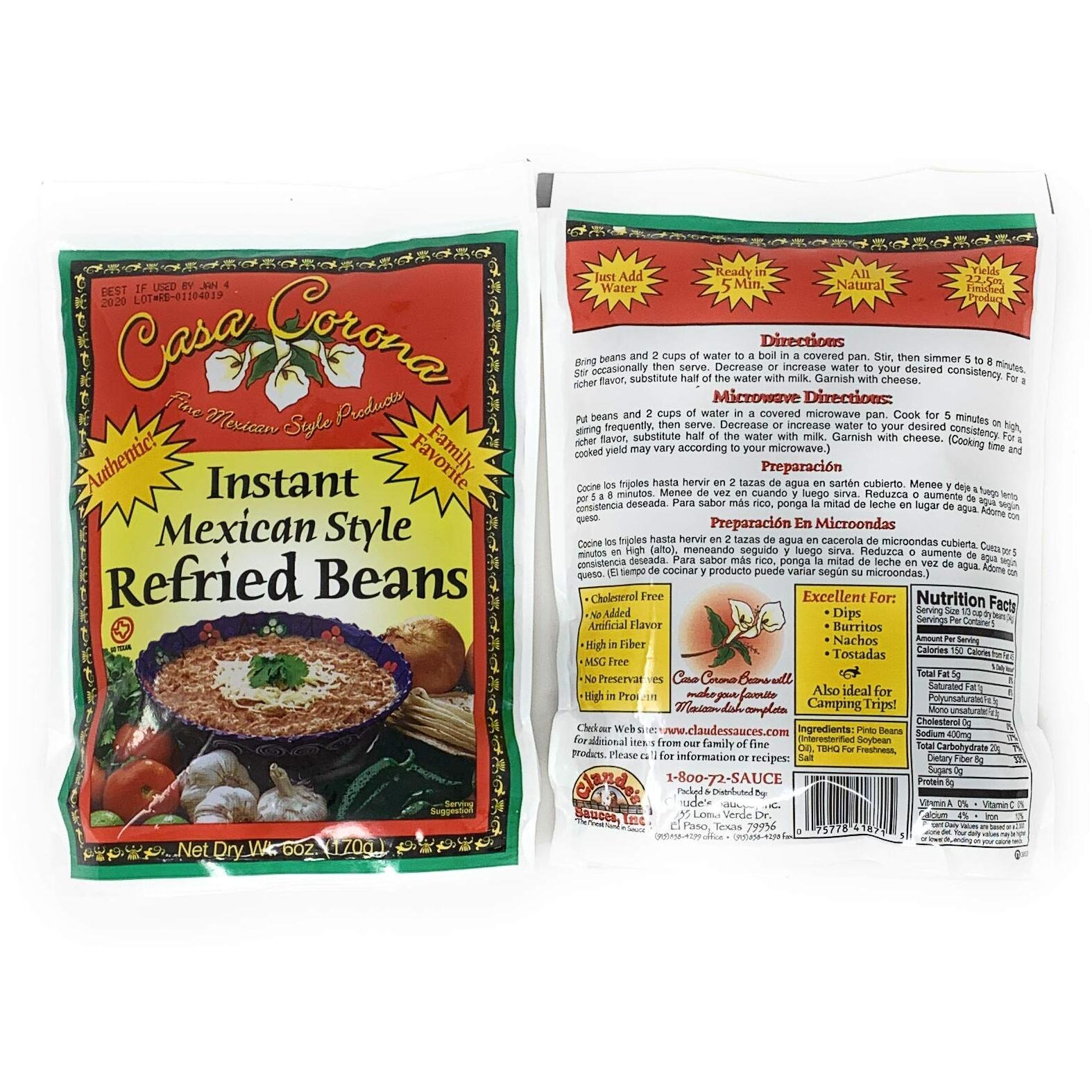Na Refried Beans - Instant Mexican Style Refried Pinto Beans - 3 Bags - 6 Oz Each