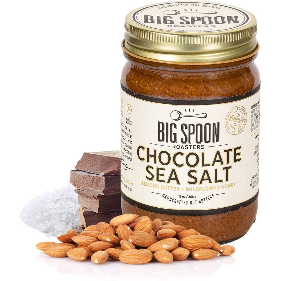Big Spoon Roasters Dark Chocolate Almond Butter With Sea Salt & Raw Honey - Low Sugar Almond Butter - Crunchy Almond Butter W/Bee-Friendly Almonds - Keto, Gourmet, Pure Almond Nut Butter - 13 Ounces