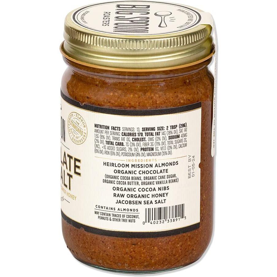 Big Spoon Roasters Dark Chocolate Almond Butter With Sea Salt & Raw Honey - Low Sugar Almond Butter - Crunchy Almond Butter W/Bee-Friendly Almonds - Keto, Gourmet, Pure Almond Nut Butter - 13 Ounces