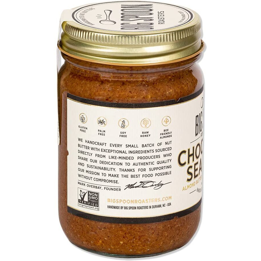 Big Spoon Roasters Dark Chocolate Almond Butter With Sea Salt & Raw Honey - Low Sugar Almond Butter - Crunchy Almond Butter W/Bee-Friendly Almonds - Keto, Gourmet, Pure Almond Nut Butter - 13 Ounces