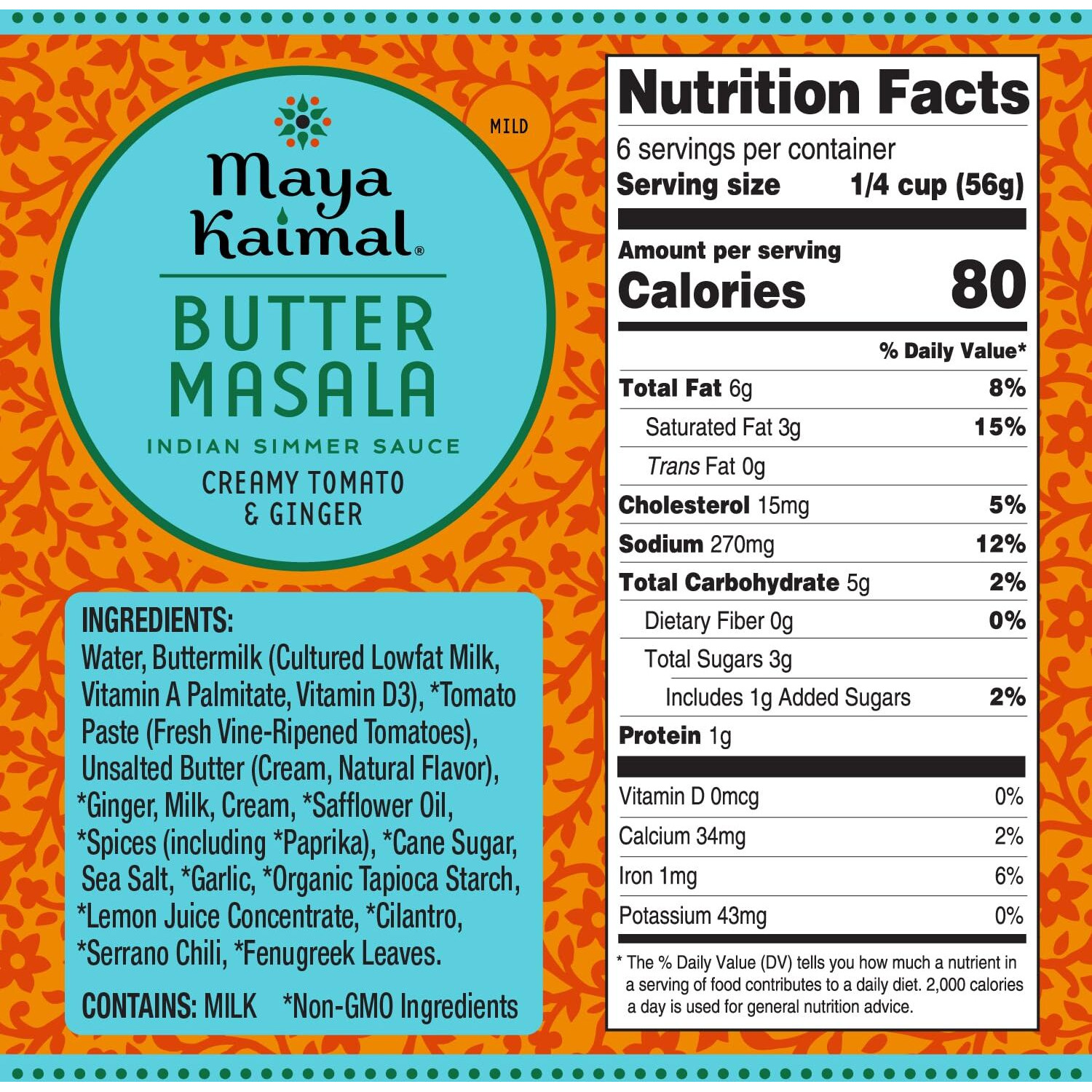 Maya Kaimal Butter Masala Sauce, 12.5 Oz, Mild Indian Simmer Sauce With Creamy Tomato And Ginger. Vegetarian, Gluten Free