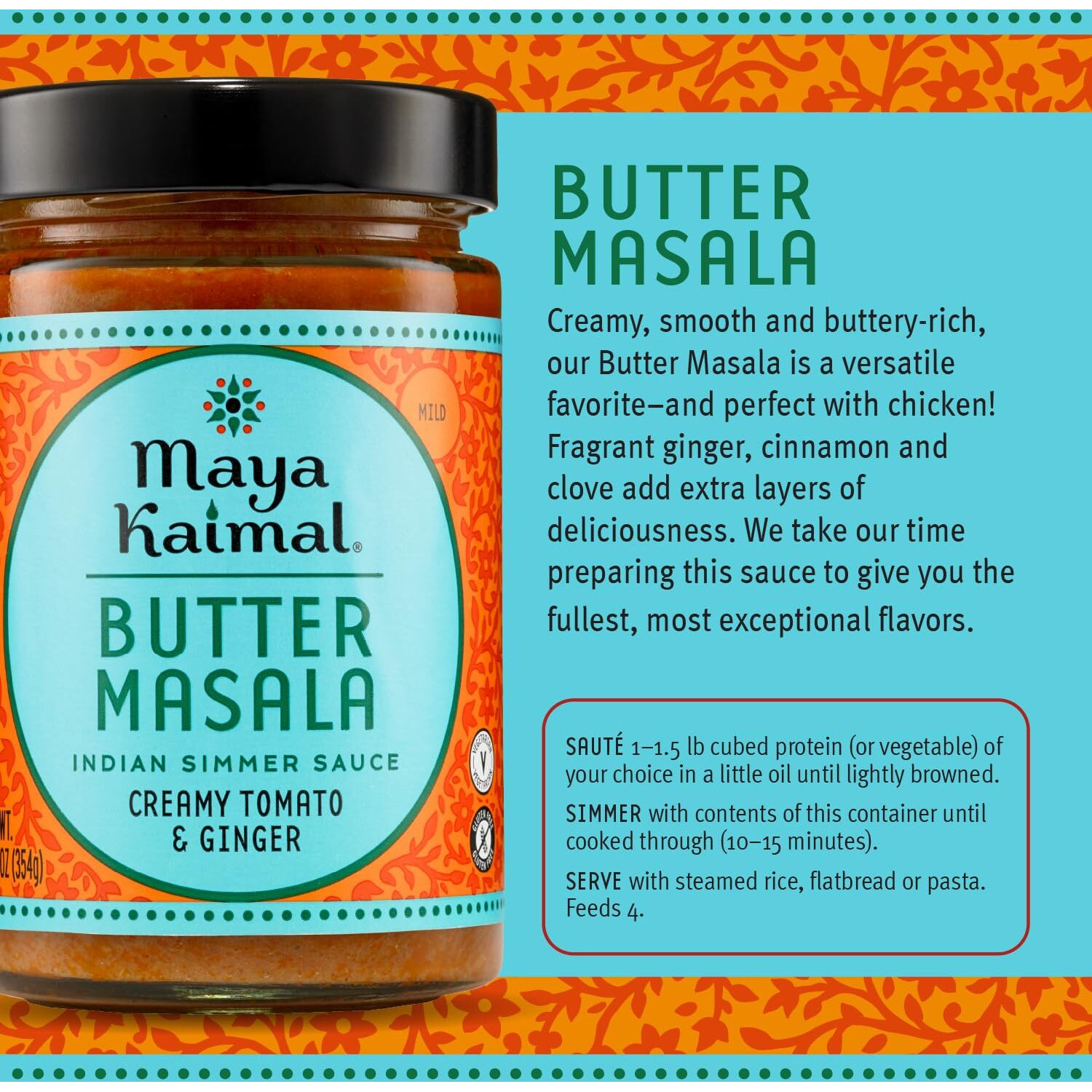 Maya Kaimal Butter Masala Sauce, 12.5 Oz, Mild Indian Simmer Sauce With Creamy Tomato And Ginger. Vegetarian, Gluten Free