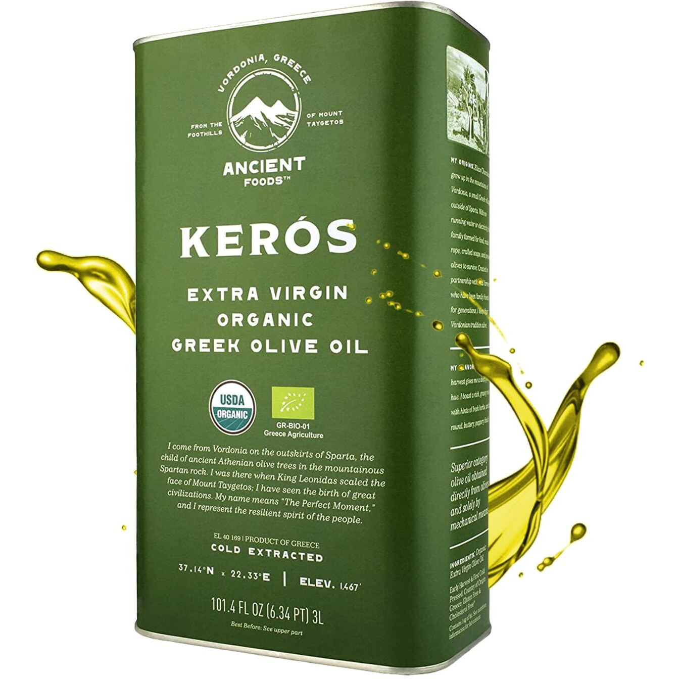 Ancient Foods Keros Greek Organic Extra Virgin Olive Oil - Cold Pressed Olive Oil From Greece, High Phenolic Organic Olive Oil From 1000 Year Old Trees (101Oz, 3L)