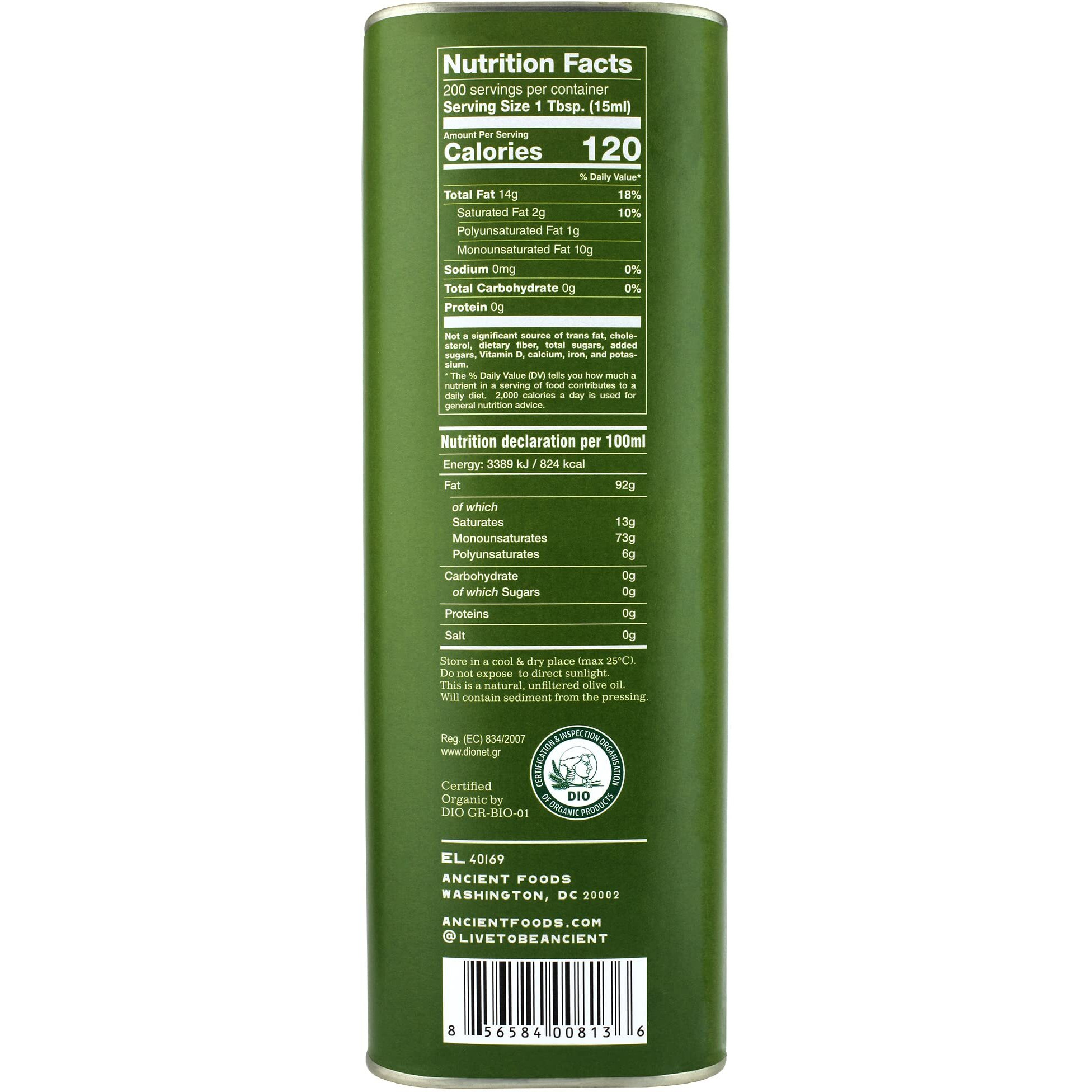 Ancient Foods Keros Greek Organic Extra Virgin Olive Oil - Cold Pressed Olive Oil From Greece, High Phenolic Organic Olive Oil From 1000 Year Old Trees (101Oz, 3L)