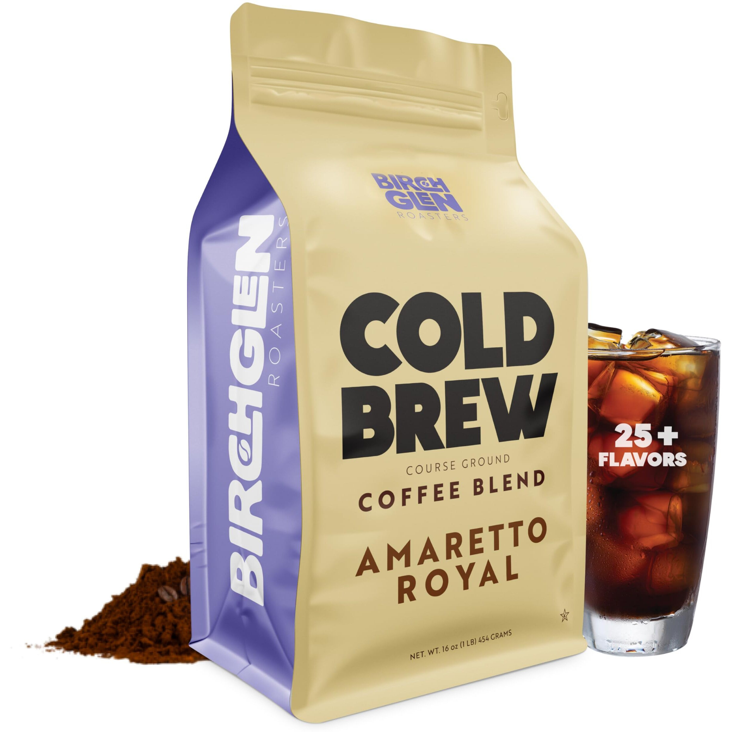 Birch Glen Roasters Cold Brew Coffee | Flavored Coarse Ground Coffee | Medium Roast | Artisanal Roasting | 100% Arabica |1 Lb Bag | Amaretto Royale