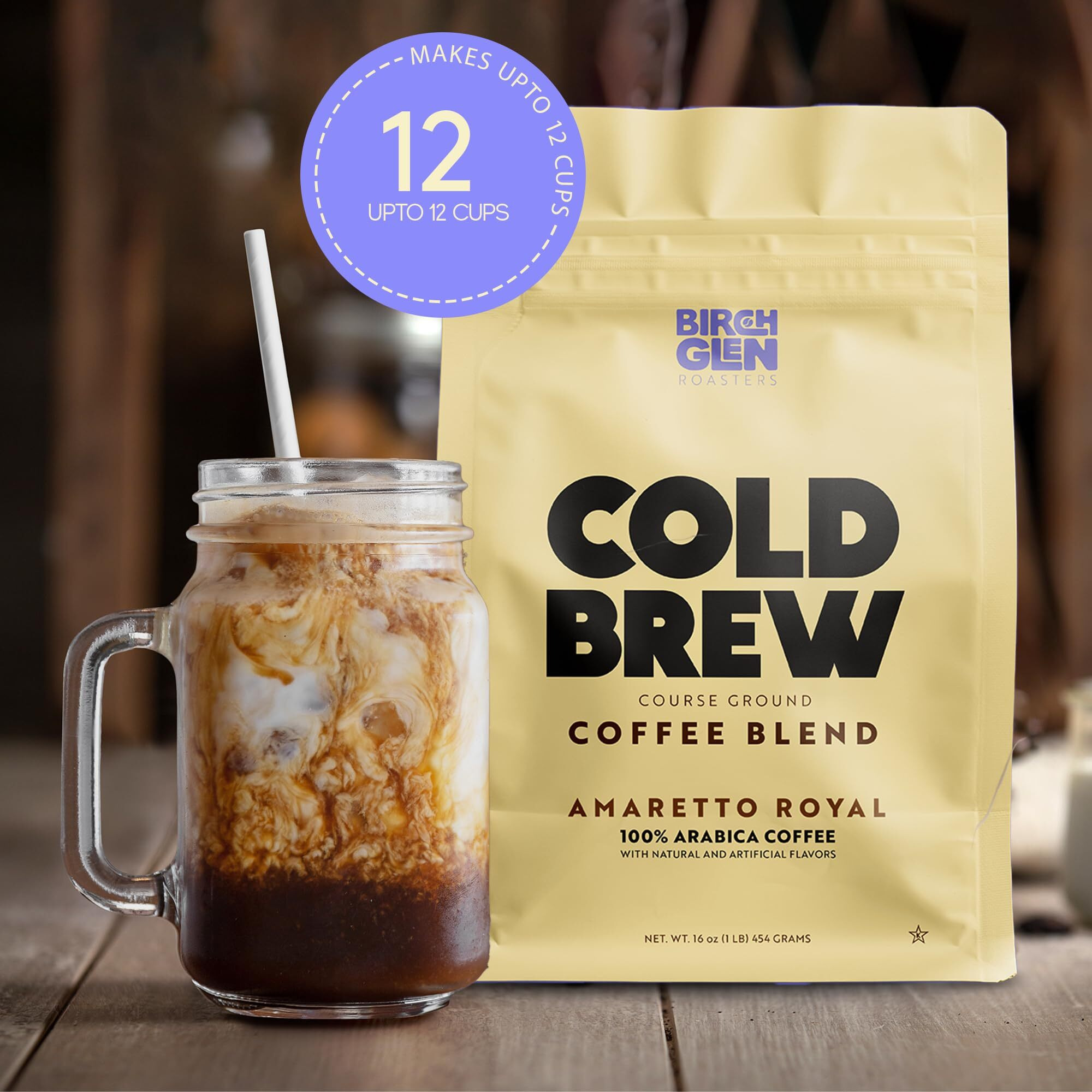 Birch Glen Roasters Cold Brew Coffee | Flavored Coarse Ground Coffee | Medium Roast | Artisanal Roasting | 100% Arabica |1 Lb Bag | Amaretto Royale
