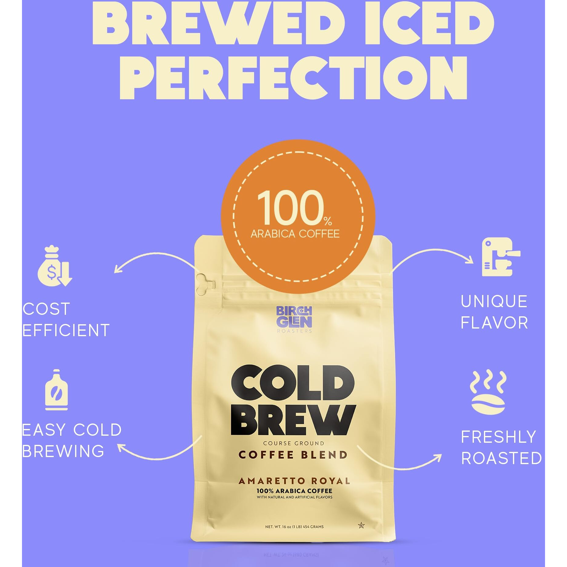 Birch Glen Roasters Cold Brew Coffee | Flavored Coarse Ground Coffee | Medium Roast | Artisanal Roasting | 100% Arabica |1 Lb Bag | Amaretto Royale