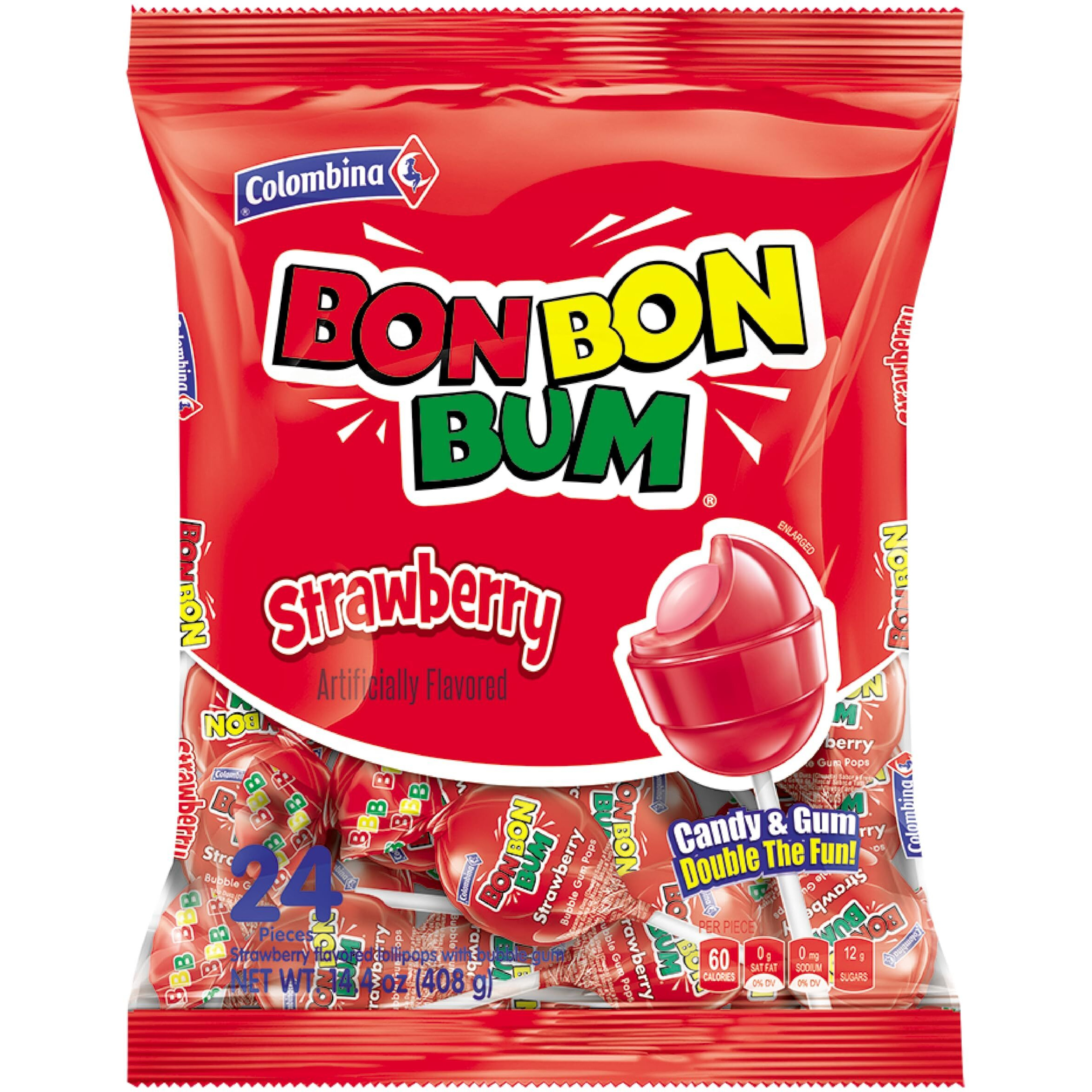 Colombina Bon Bon Bum Lollipops W/Bubble Gum Center, Strawberry Flavor, Individually Wrapped, Ideal For Party Favors And Gifts, 1 Pack (24 Count)