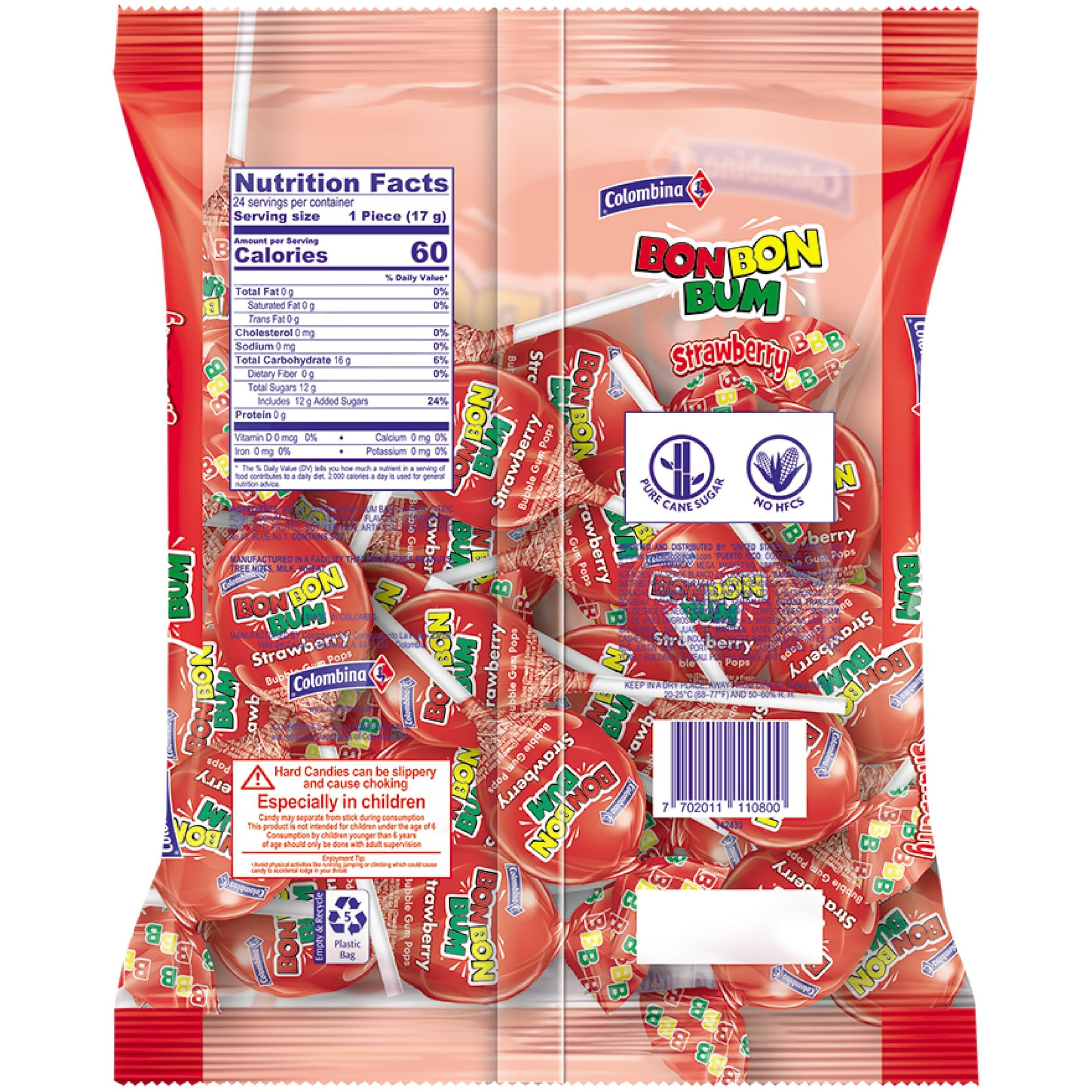 Colombina Bon Bon Bum Lollipops W/Bubble Gum Center, Strawberry Flavor, Individually Wrapped, Ideal For Party Favors And Gifts, 1 Pack (24 Count)