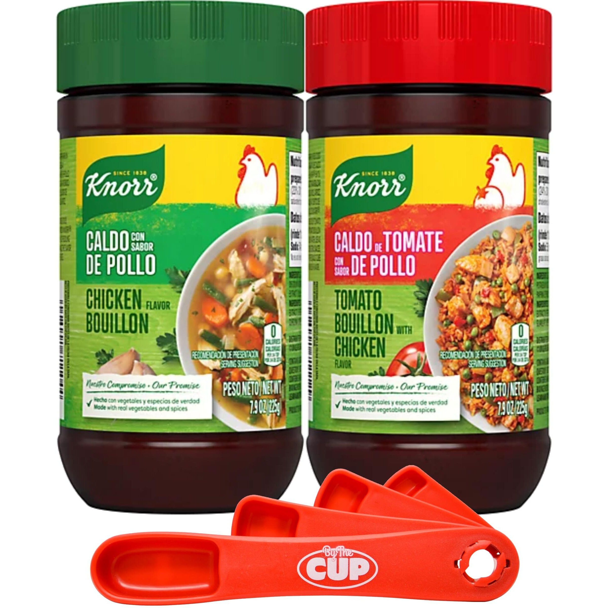Knorr Granulated Bouillon Bundle, Chicken Flavor And Tomato With Chicken Flavor, 7.9 Oz (Pack Of 2) With By The Cup Swivel Spoon