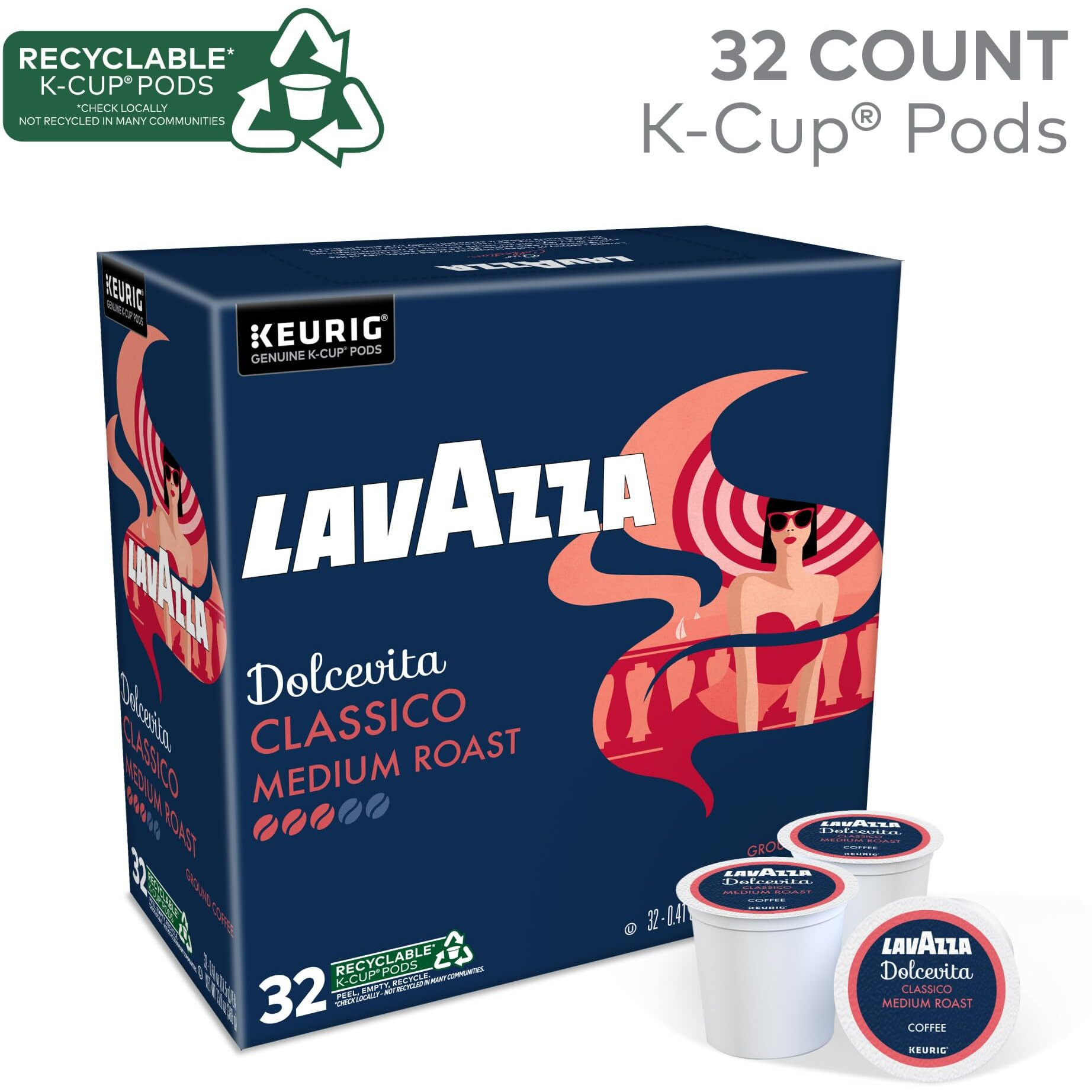 Lavazza Dolcevita Classico, Single-Serve Keurig K-Cup Pods, Medium Roast Coffee, 32-Count Box