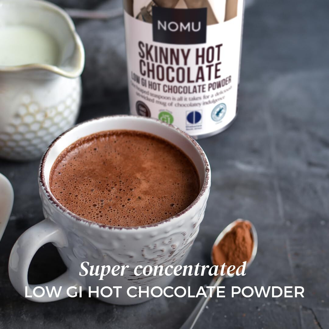 Nomu Skinny 60% Cocoa Hot Chocolate, 33 Servings, No Sugar Added, 20 Calories, Rich Chocolate Flavor, Keto-Friendly, High Protein