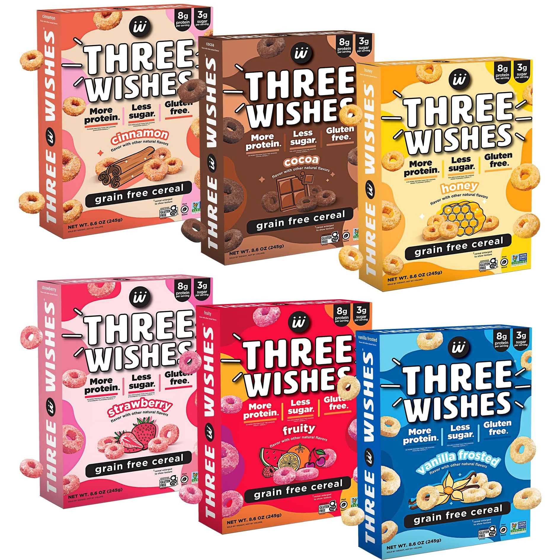Protein And Gluten-Free Breakfast Cereal By Three Wishes - Variety Pack, 6 Pack - More Protein And Less Sugar Snack - Kosher, Vegan - Frosted, Fruity, Cocoa, Strawberry, Honey & Cinnamon